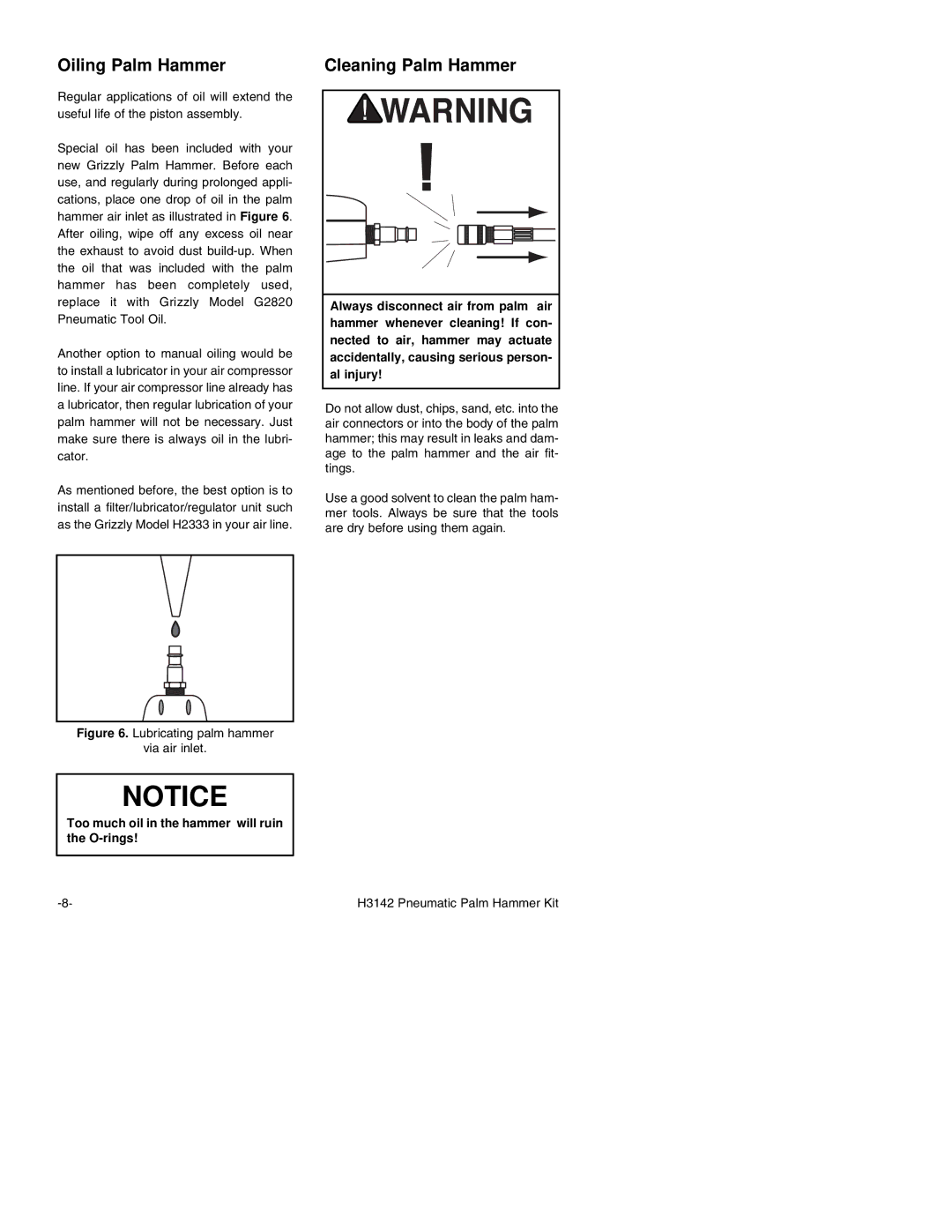 Grizzly Model H3142 instruction manual Oiling Palm Hammer, Cleaning Palm Hammer 