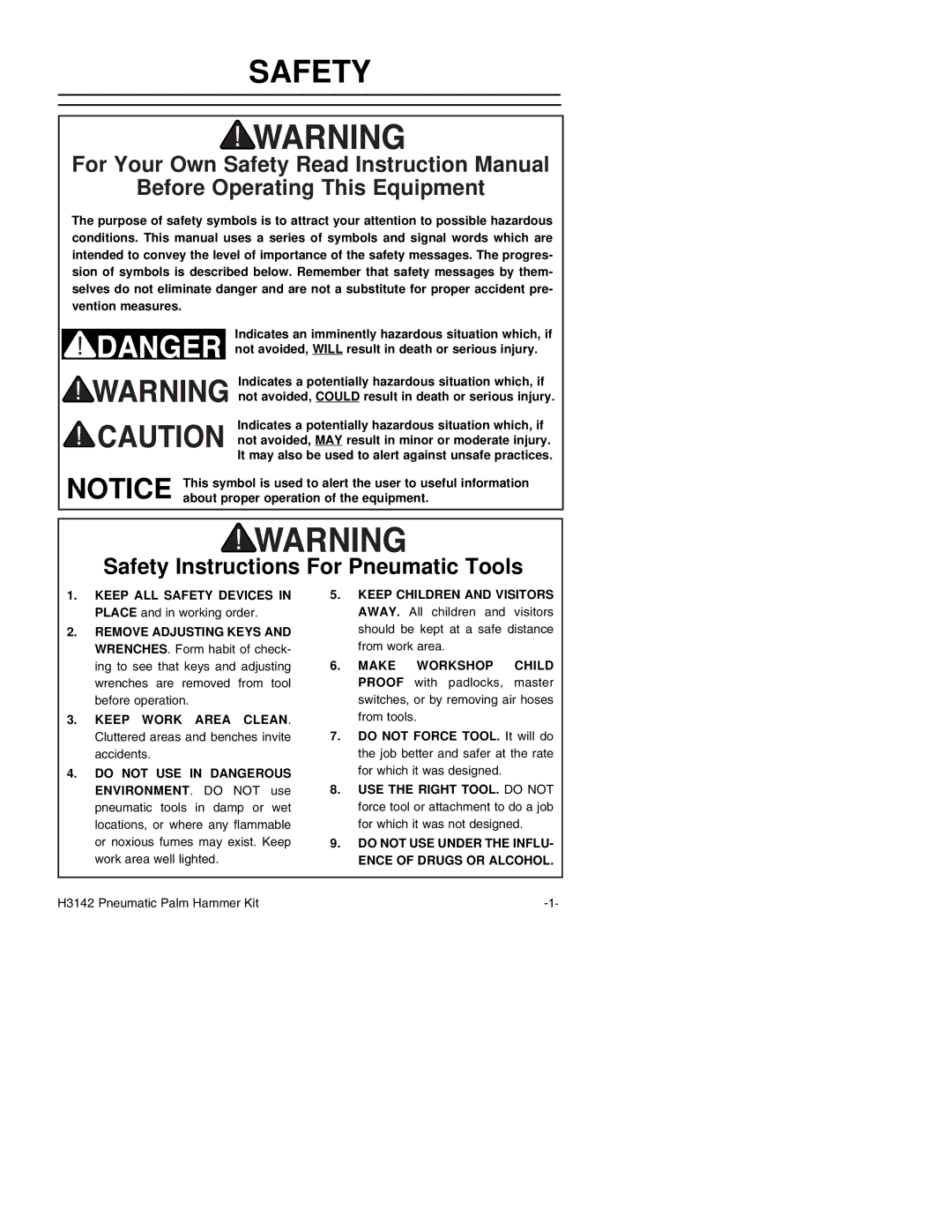 Grizzly Model H3142 instruction manual Safety, Before Operating This Equipment 