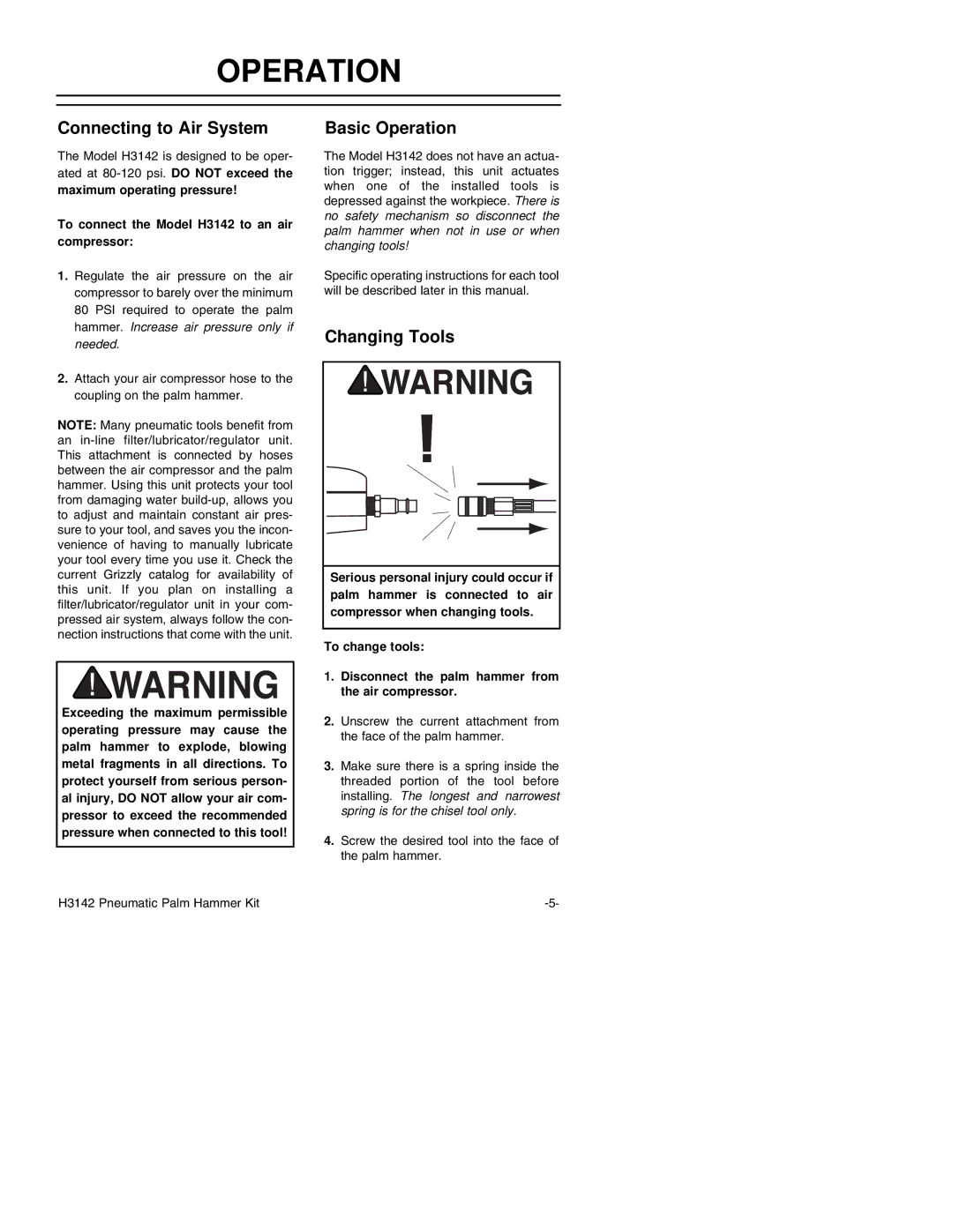 Grizzly Model H3142 instruction manual Connecting to Air System, Basic Operation, Changing Tools 