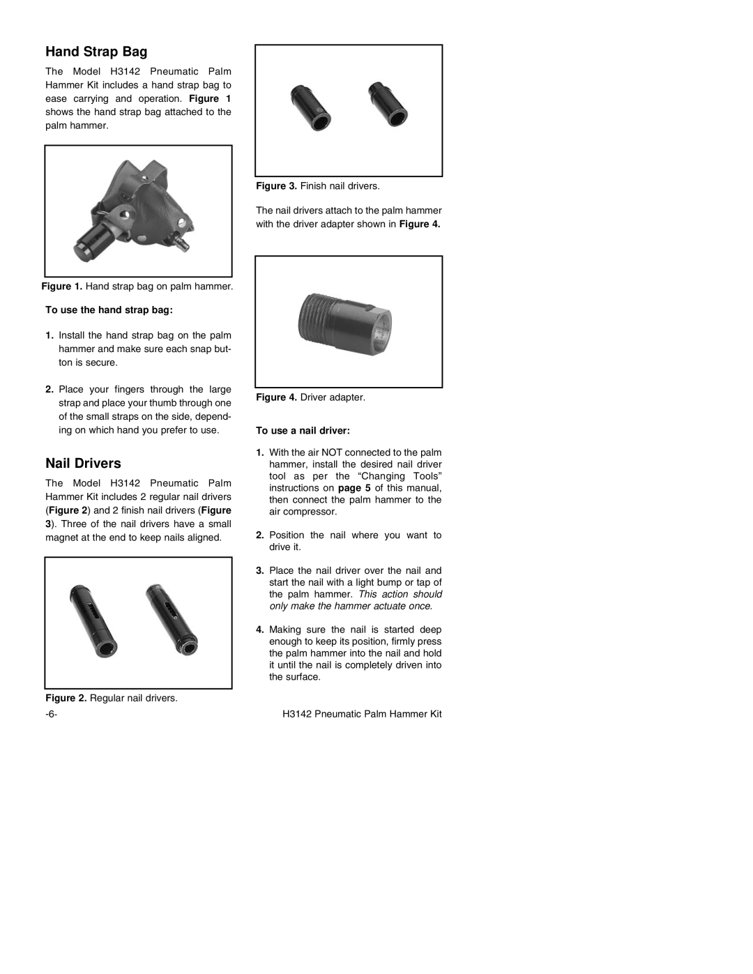 Grizzly Model H3142 instruction manual Hand Strap Bag, Nail Drivers 