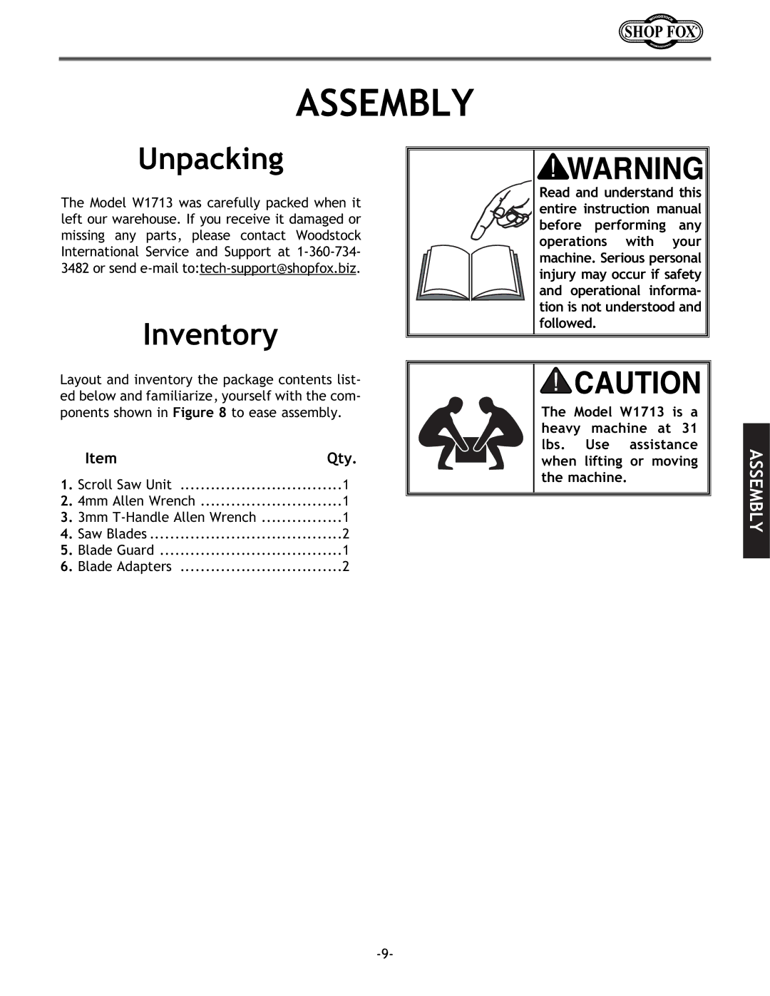 Grizzly Model H5698 instruction manual Assembly, Unpacking, Inventory 