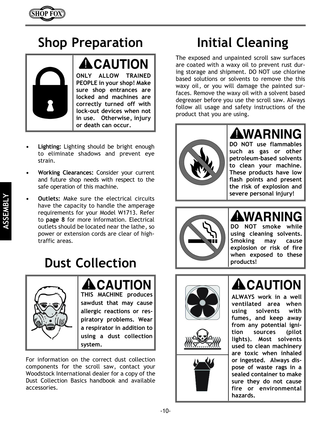 Grizzly Model H5698 instruction manual Shop Preparation, Dust Collection, Initial Cleaning 