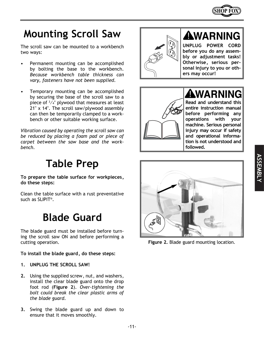 Grizzly Model H5698 Mounting Scroll Saw, Table Prep, Blade Guard, To install the blade guard, do these steps 