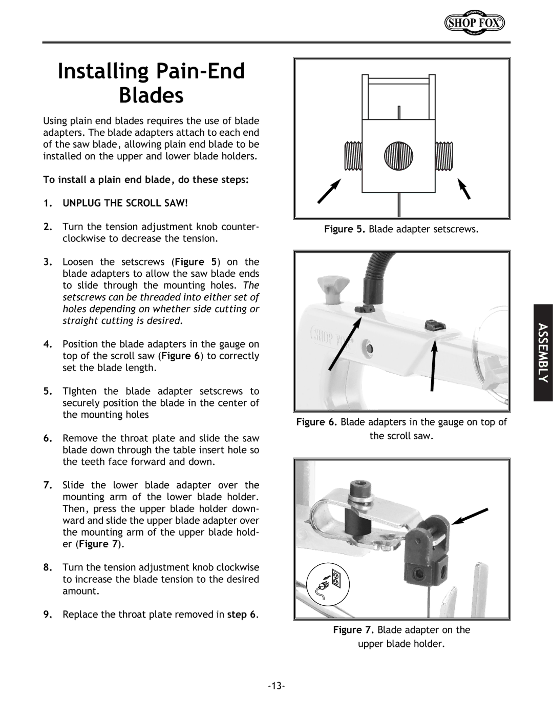 Grizzly Model H5698 instruction manual Installing Pain-End Blades, To install a plain end blade, do these steps 