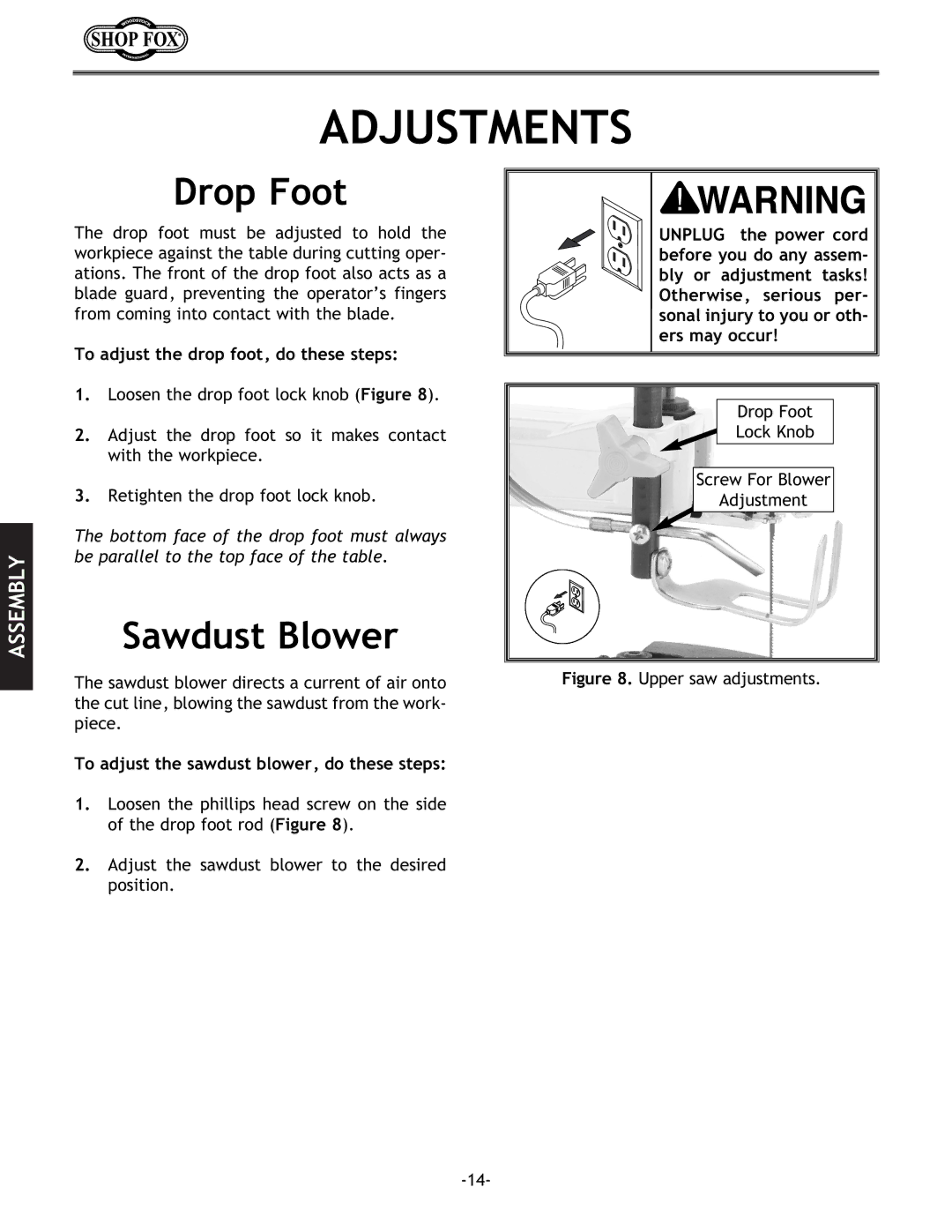 Grizzly Model H5698 instruction manual Adjustments, Drop Foot, Sawdust Blower, To adjust the drop foot, do these steps 