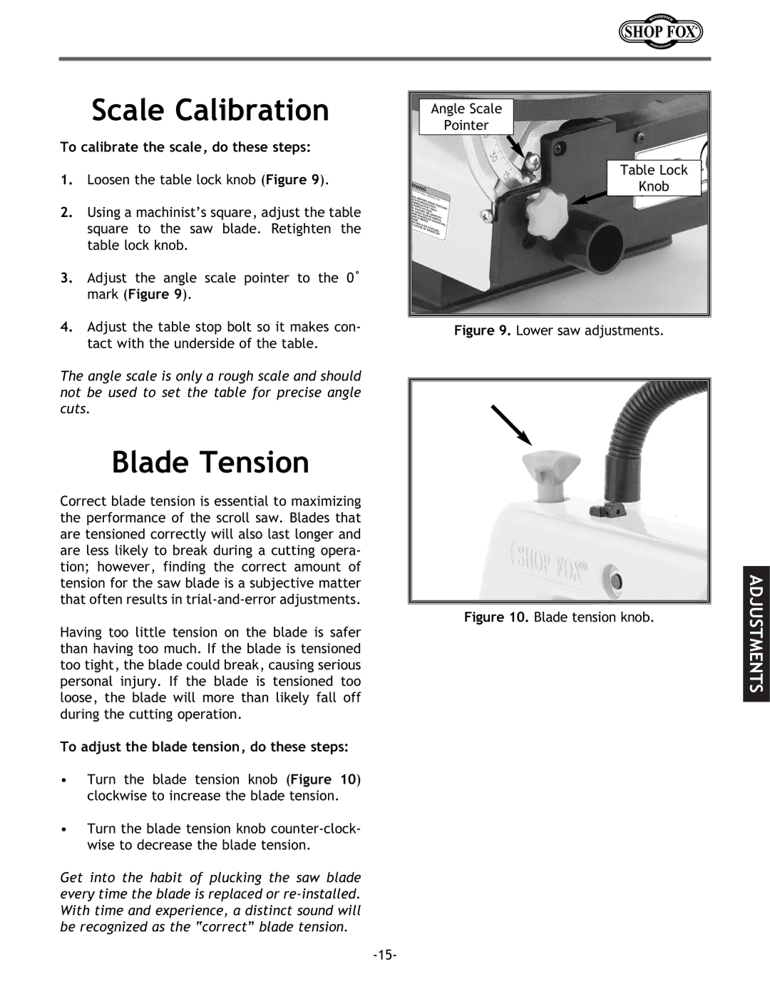 Grizzly Model H5698 instruction manual Scale Calibration, Blade Tension, To calibrate the scale, do these steps 