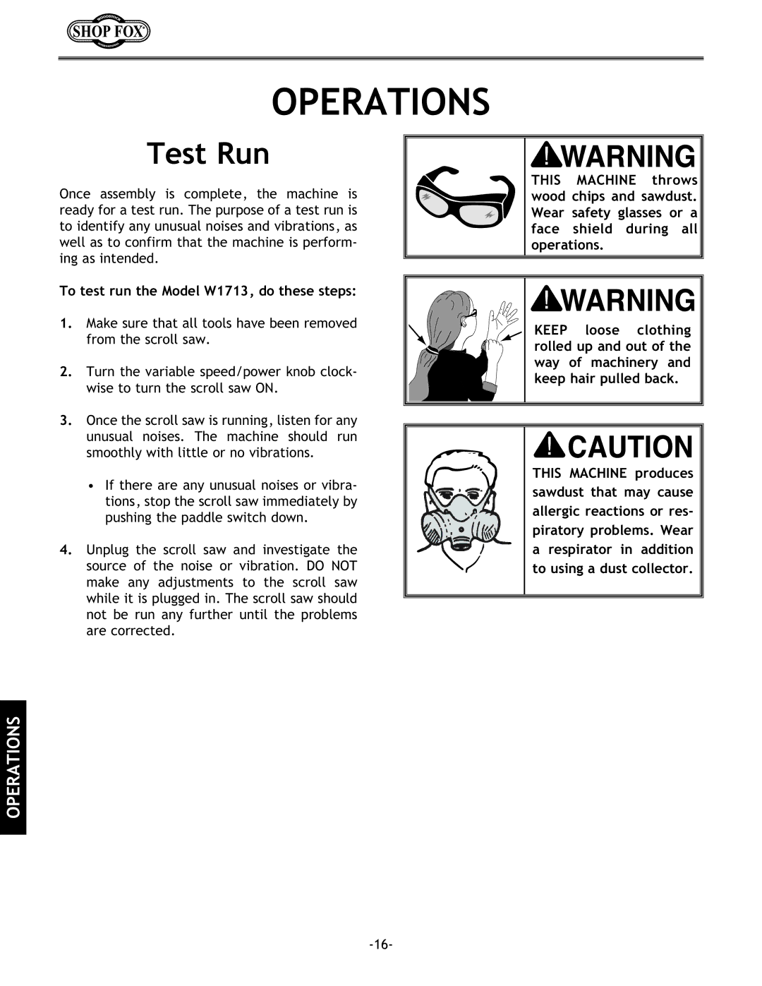 Grizzly Model H5698 instruction manual Operations, Test Run, To test run the Model W1713, do these steps 