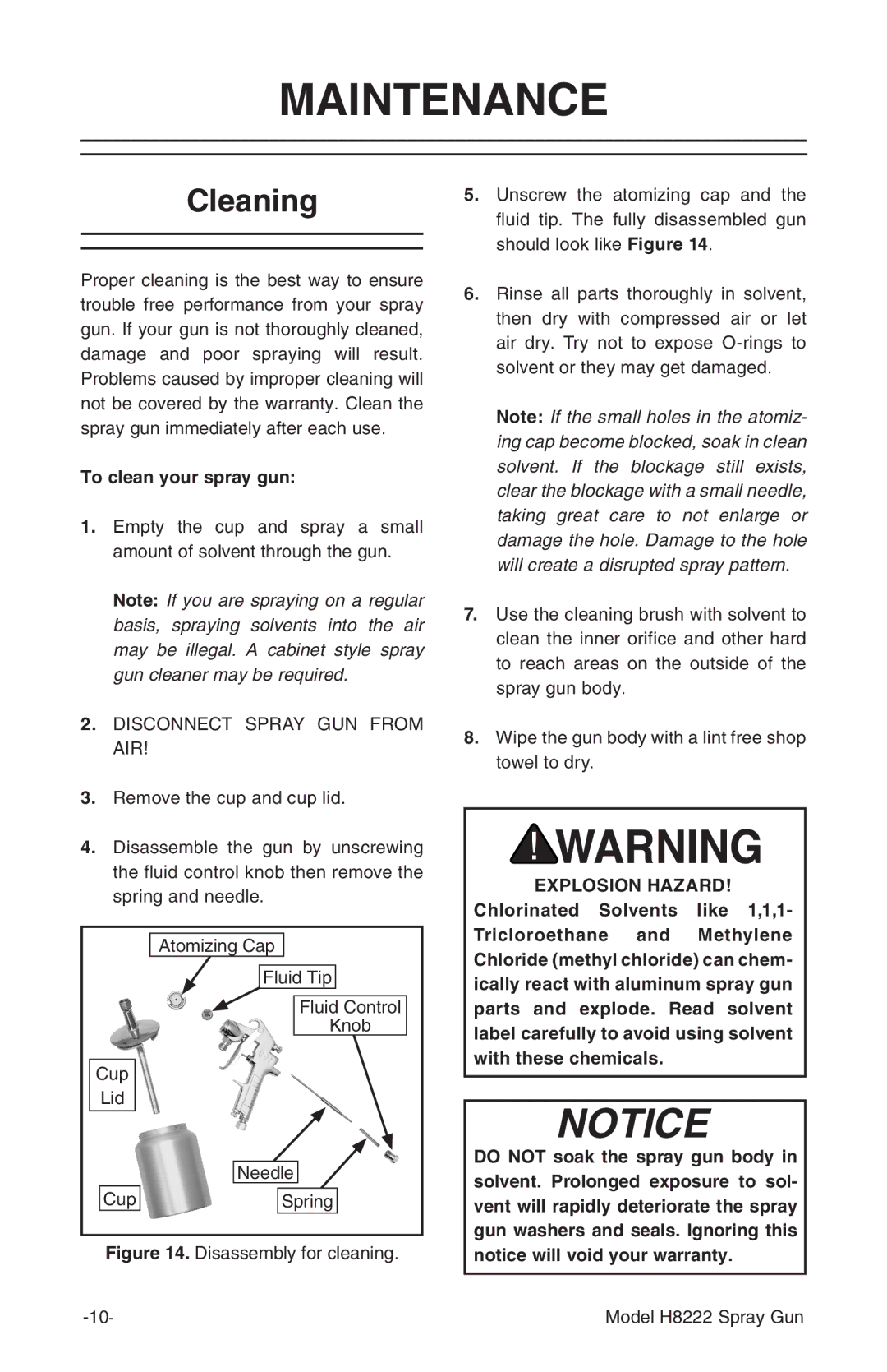 Grizzly Model H8222 instruction manual Maintenance, Cleaning, To clean your spray gun 