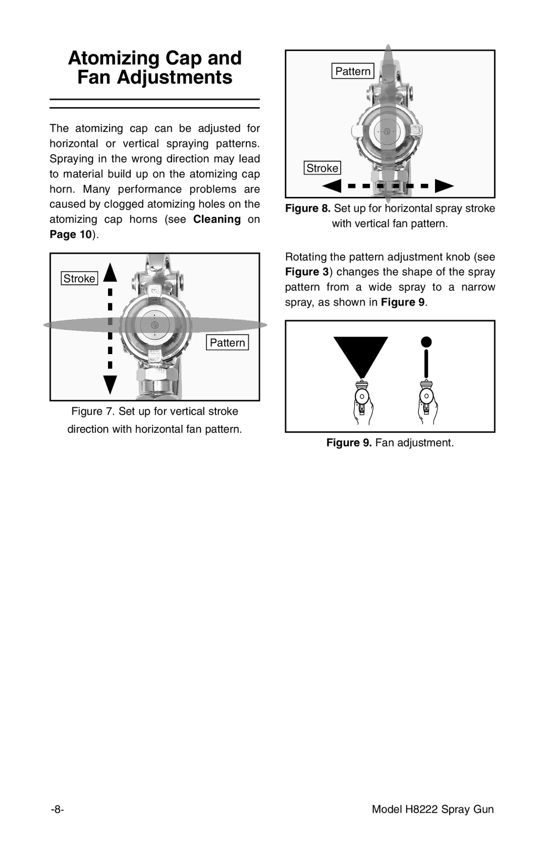 Grizzly instruction manual Atomizing Cap Fan Adjustments, Fan adjustment Model H8222 Spray Gun 