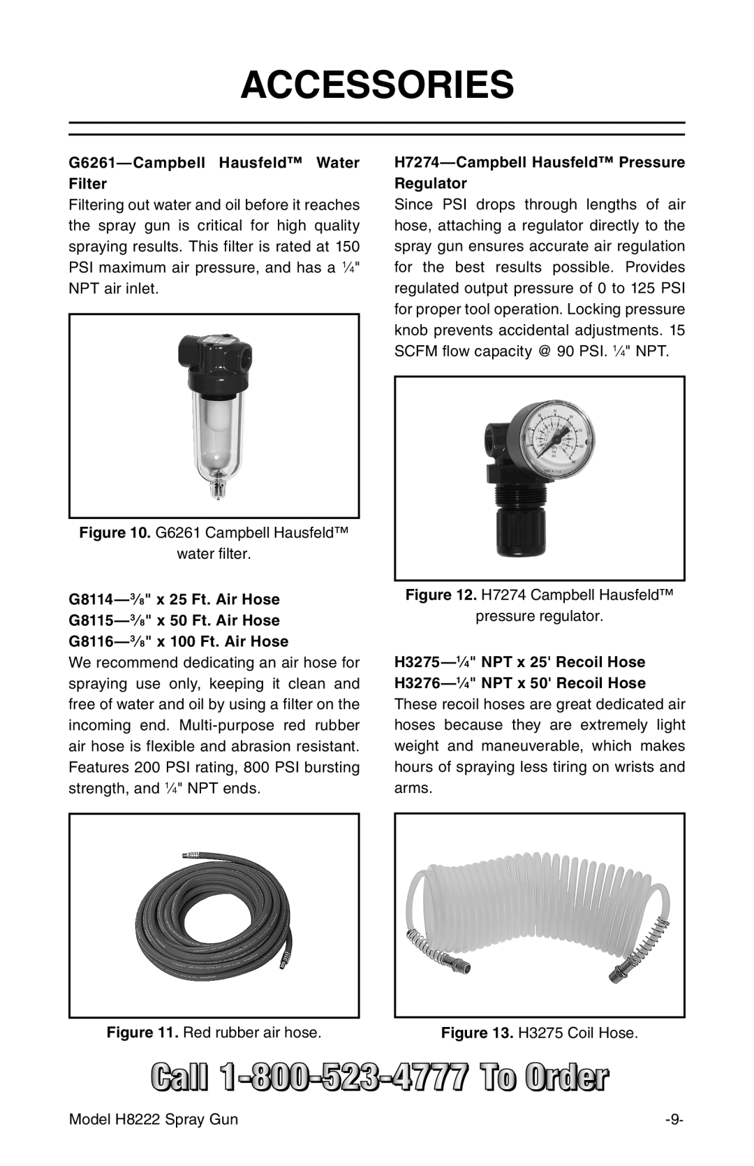 Grizzly Model H8222 instruction manual Accessories, G6261-Campbell Hausfeld Water Filter, G8116-3⁄8 x 100 Ft. Air Hose 