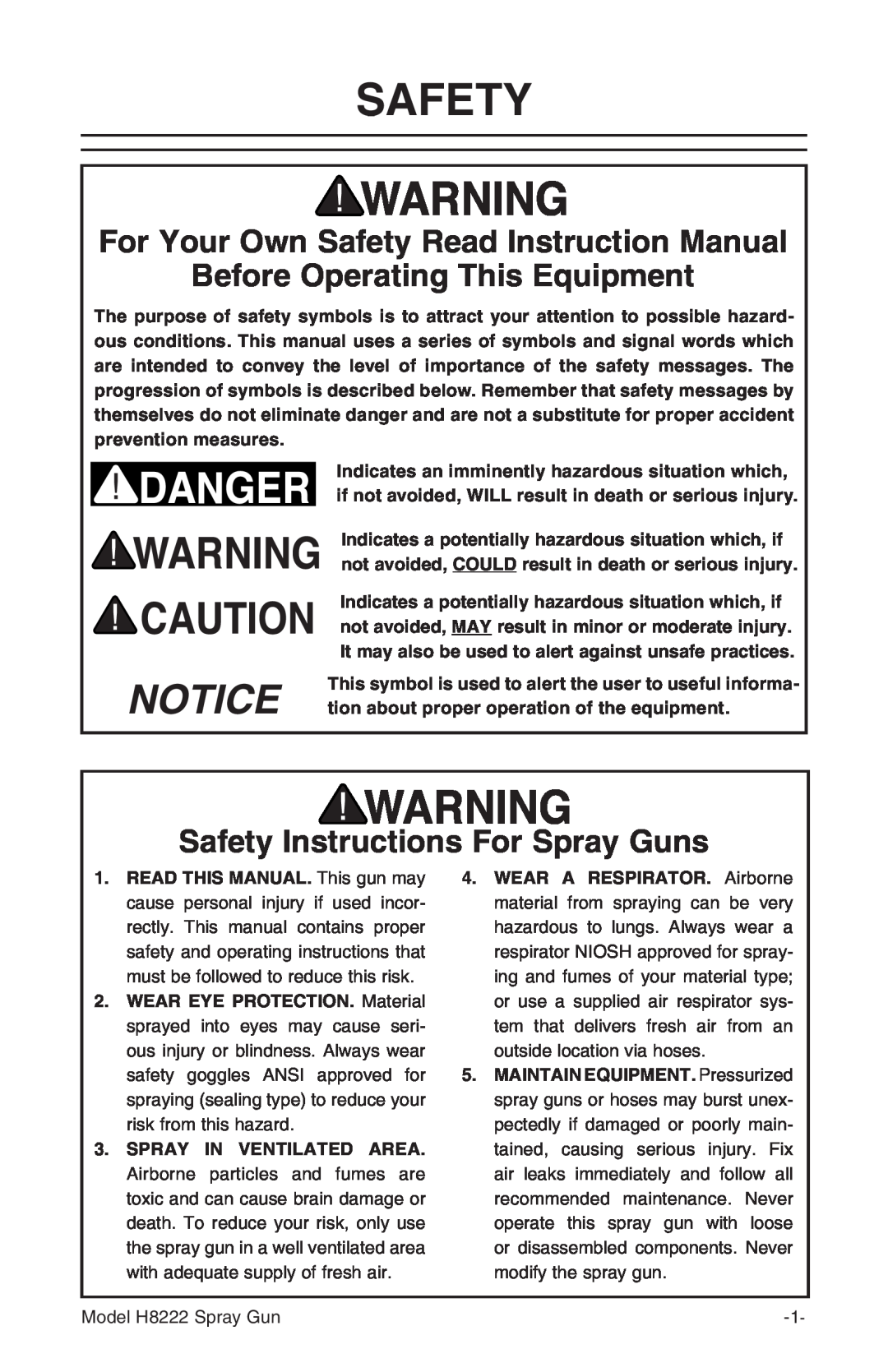 Grizzly Model H8222 instruction manual Before Operating This Equipment, Safety Instructions For Spray Guns 
