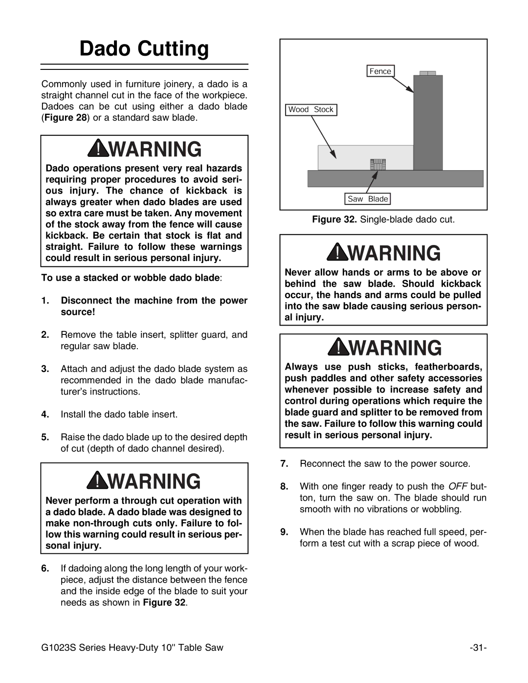 Grizzly MODEL instruction manual Dado Cutting, Single-blade dado cut 