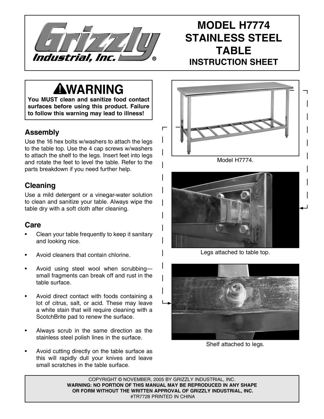 Grizzly instruction sheet MODEL H7774, Stainless Steel, Instruction Sheet, Assembly, Cleaning, Care 