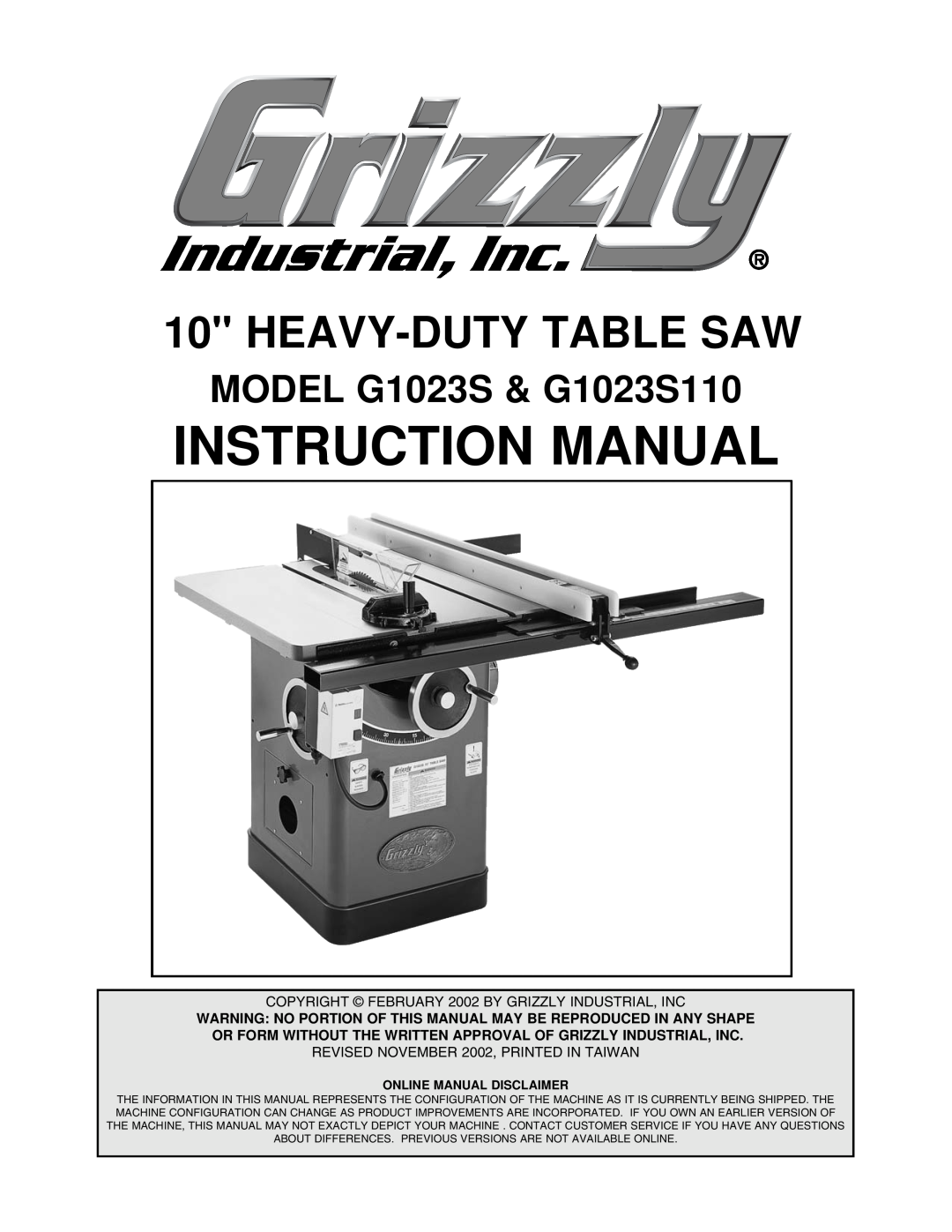 Grizzly instruction manual MODEL G1023S & G1023S110, Instruction Manual, Heavy-Duty Table Saw, Online Manual Disclaimer 