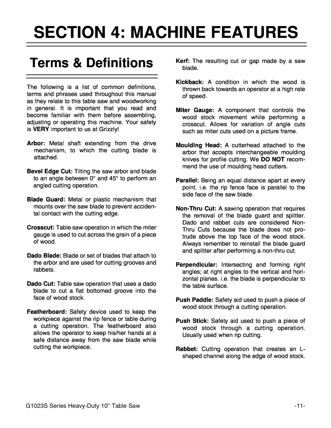 Grizzly MODEL instruction manual Machine Features, Terms & Definitions 
