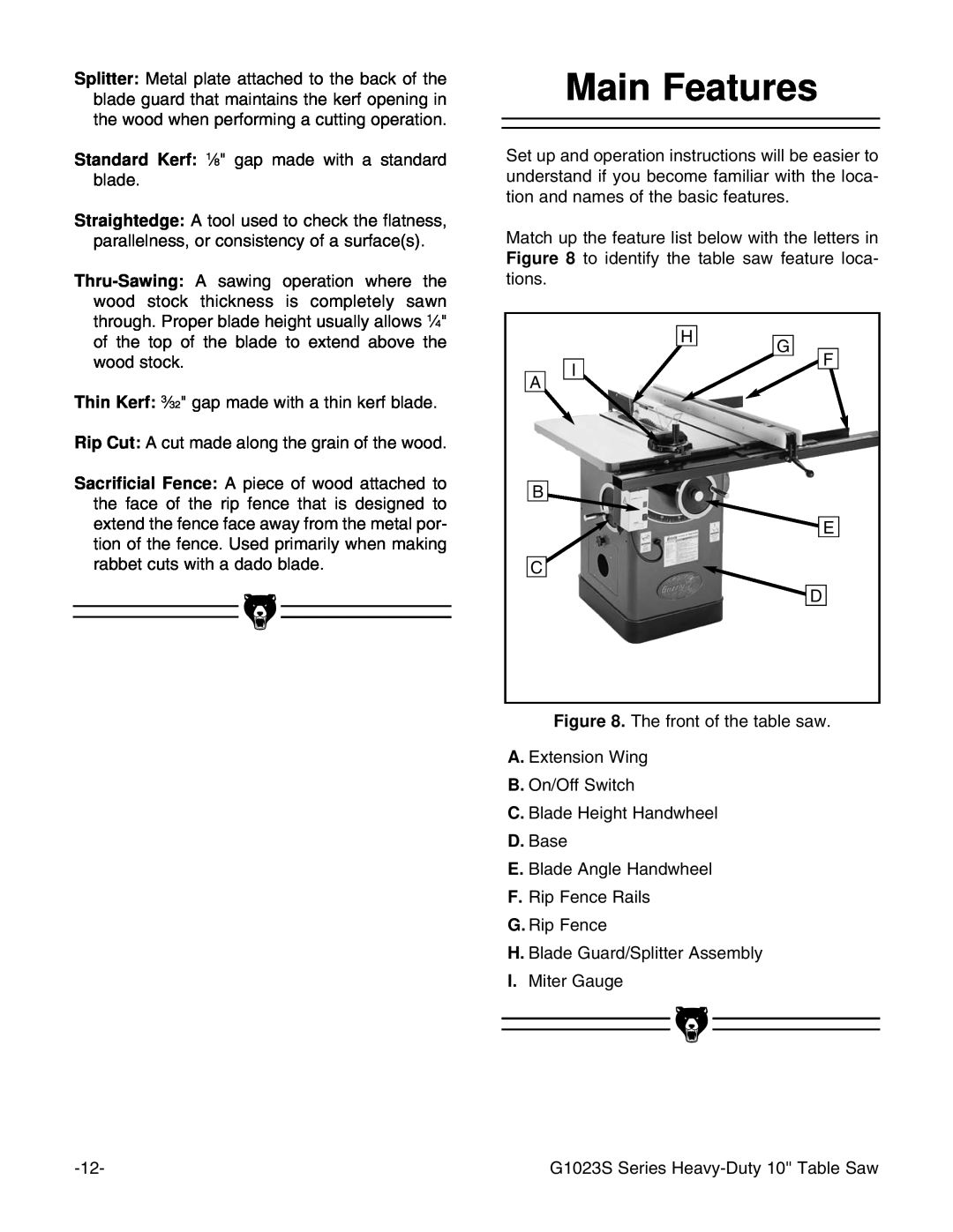 Grizzly MODEL instruction manual Main Features 