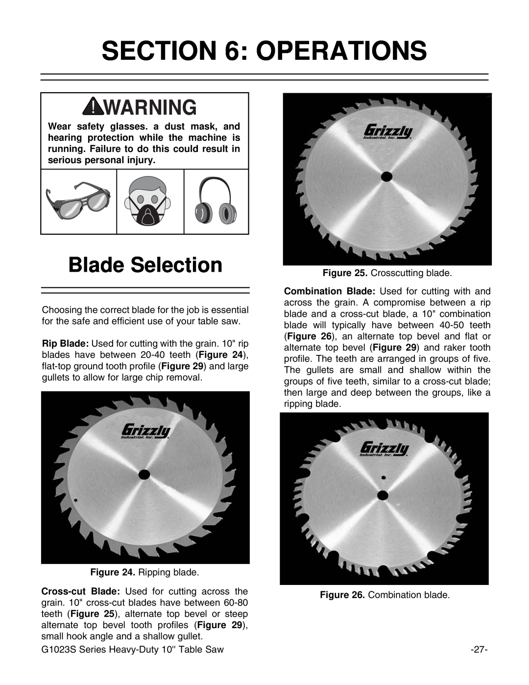Grizzly MODEL instruction manual Operations, Blade Selection 