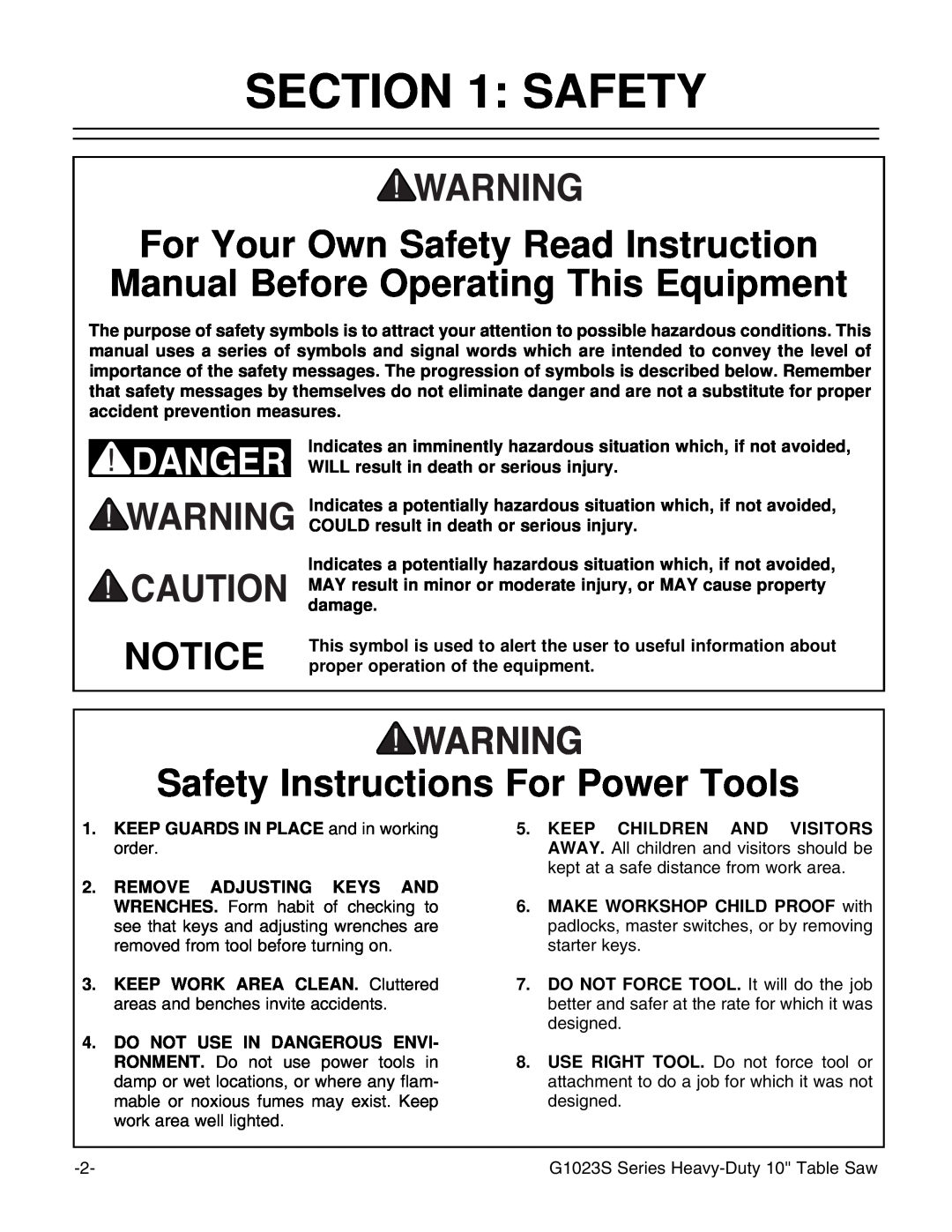 Grizzly MODEL instruction manual Safety Instructions For Power Tools 