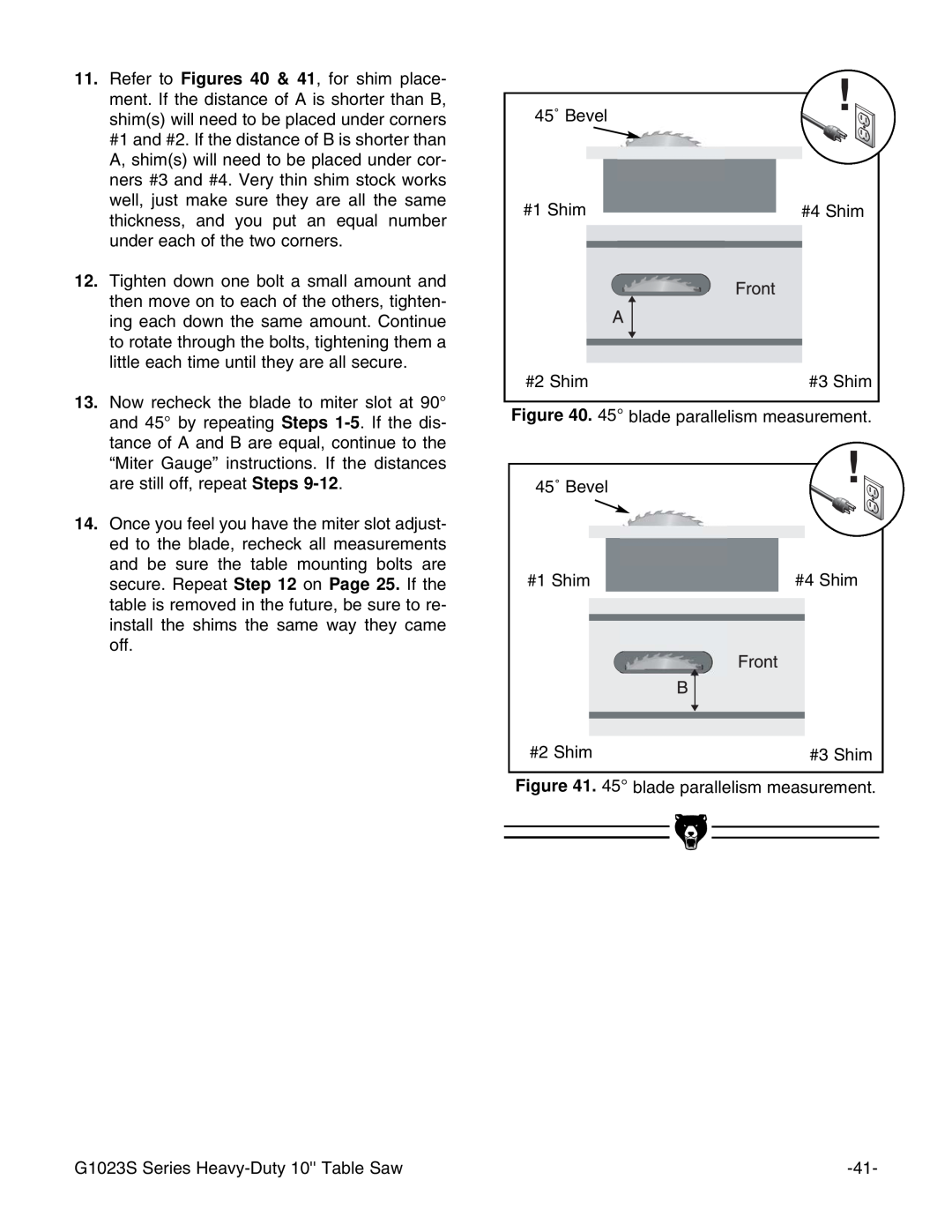 Grizzly MODEL instruction manual 45û Bevel, #1 Shim, #4 Shim, #2 Shim, #3 Shim, 45¡ blade parallelism measurement 