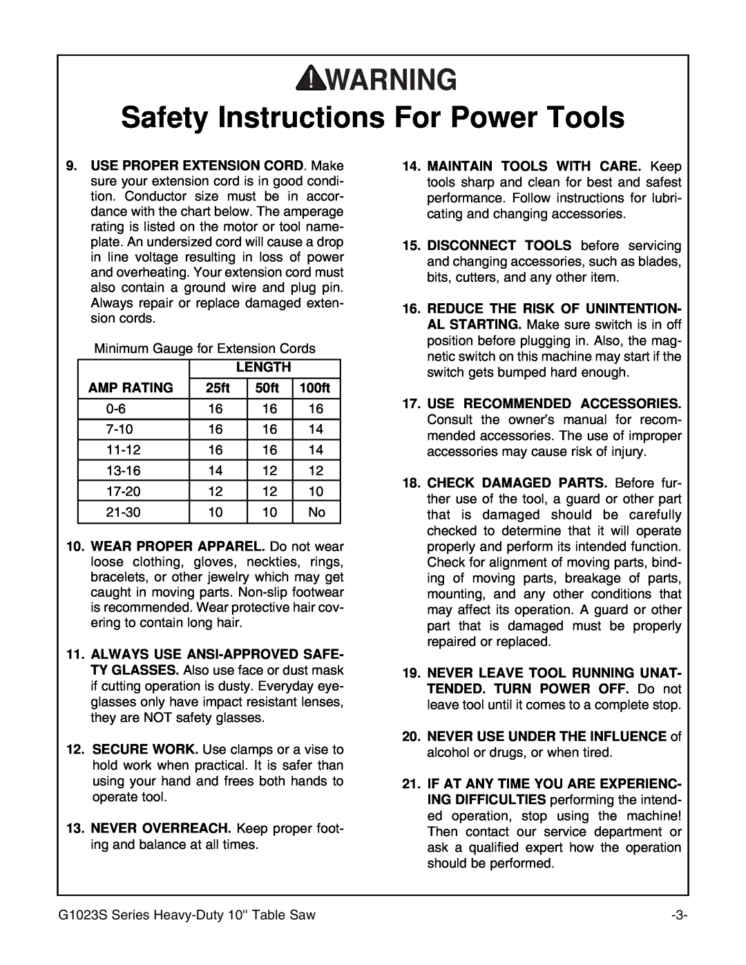 Grizzly MODEL instruction manual Safety Instructions For Power Tools, Length, Amp Rating, 25ft, 50ft, 100ft 