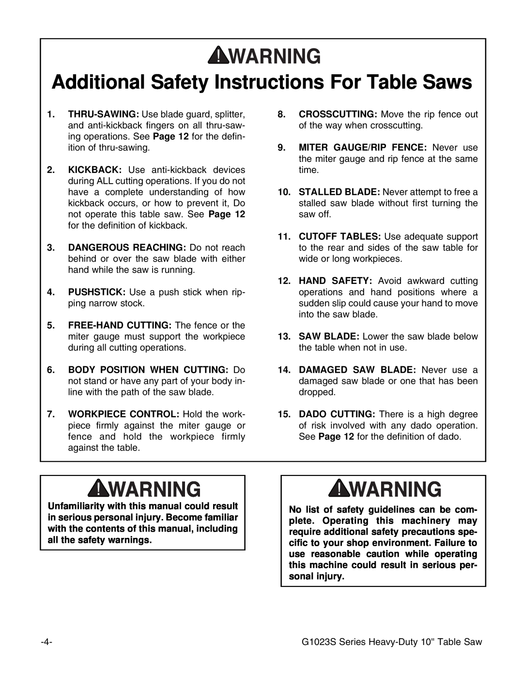 Grizzly MODEL instruction manual Additional Safety Instructions For Table Saws 