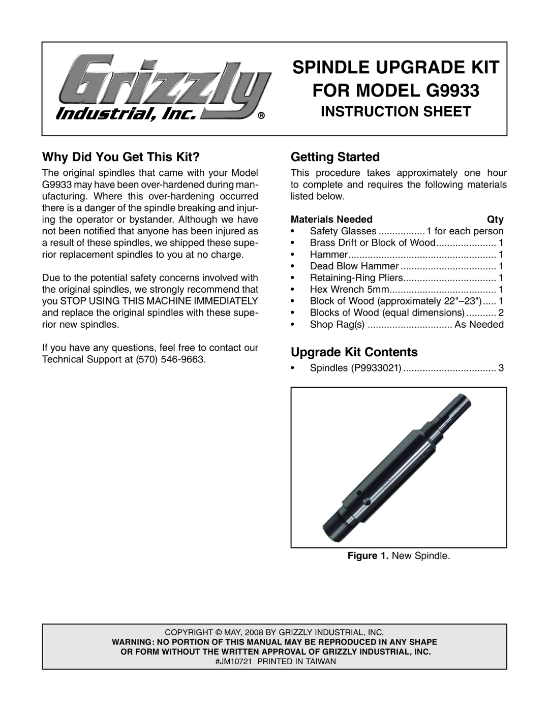 Grizzly P9933021 instruction sheet Spindle Upgrade KIT 