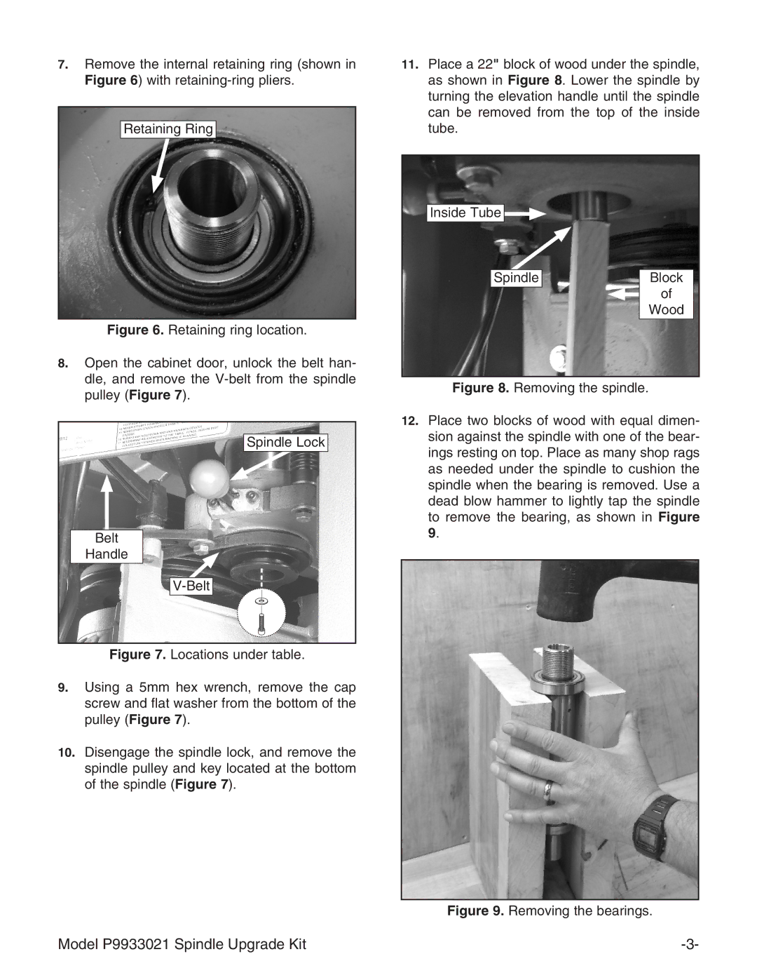 Grizzly P9933021 instruction sheet Removing the bearings 