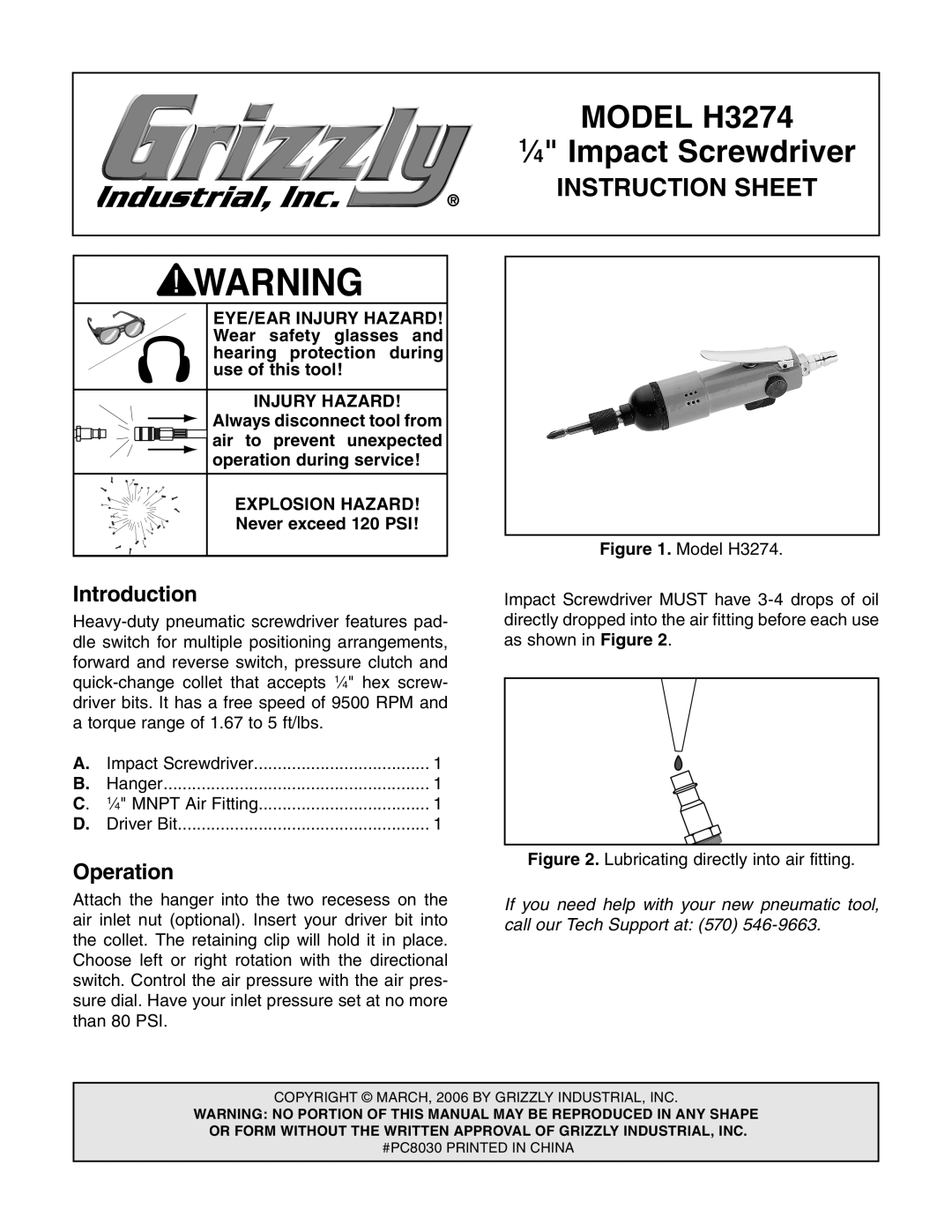 Grizzly PC8030 instruction sheet Model H3274, ⁄4 Impact Screwdriver, Instruction Sheet, Introduction, Operation 