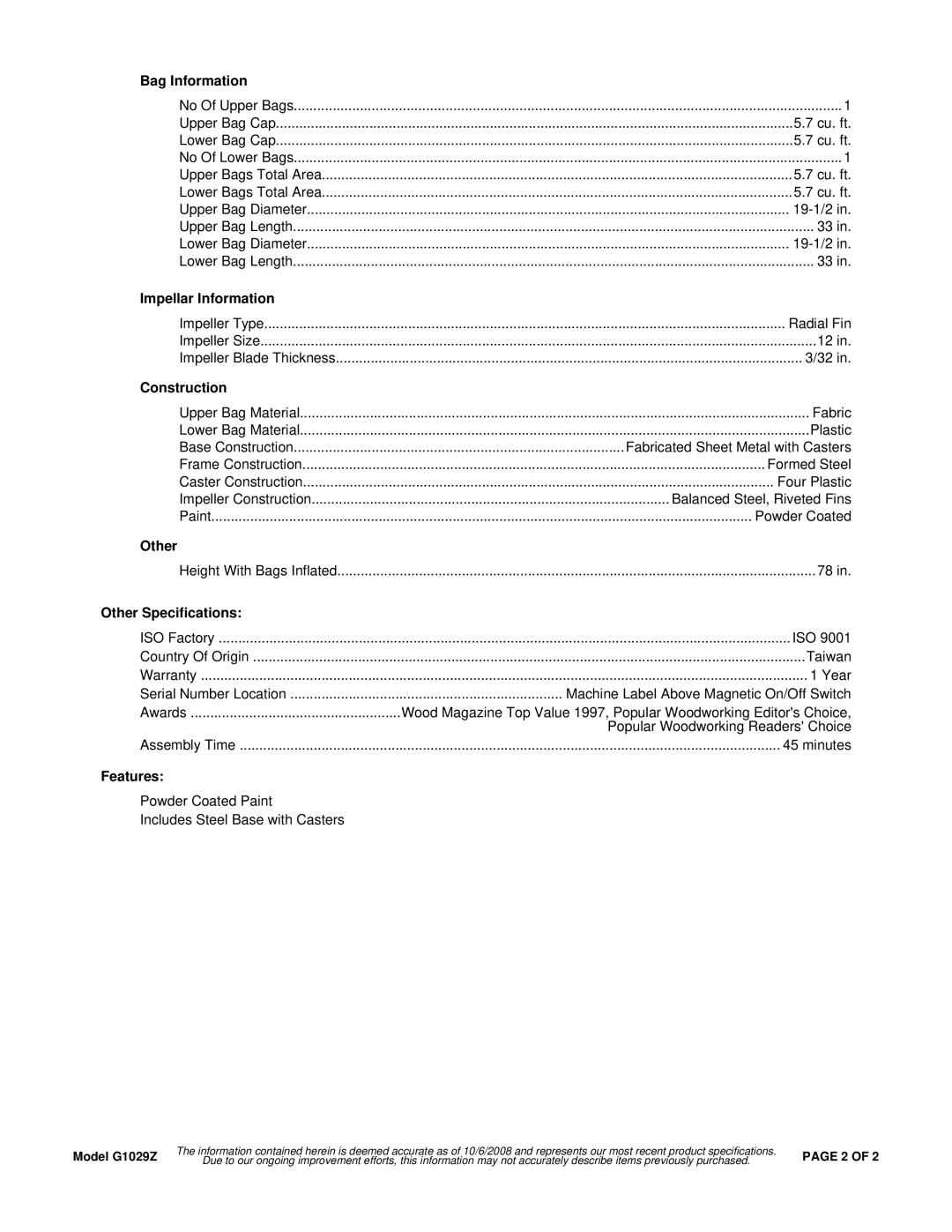 Grizzly SDV2510-27 specifications Bag Information, Impellar Information, Construction, Other Specifications, Features 