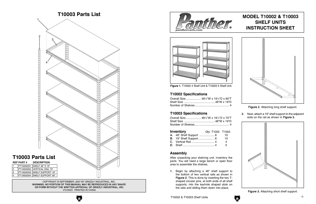 Grizzly specifications T10003 Parts List, T10002 Specifications, T10003 Specifications, Inventory, Assembly 