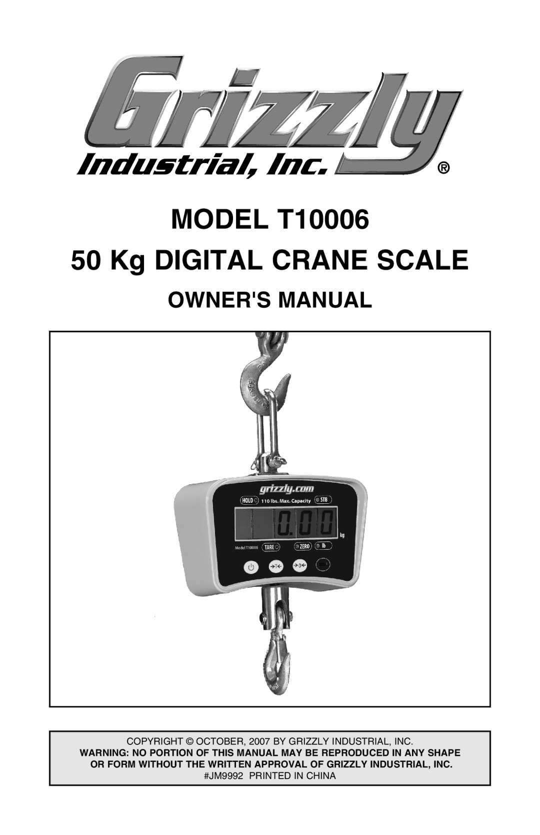 Grizzly owner manual Model T10006 Kg Digital Crane Scale 