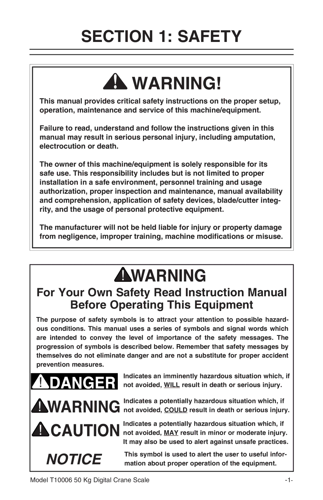 Grizzly owner manual Safety, Before Operating This Equipment, Model T10006 50 Kg Digital Crane Scale 