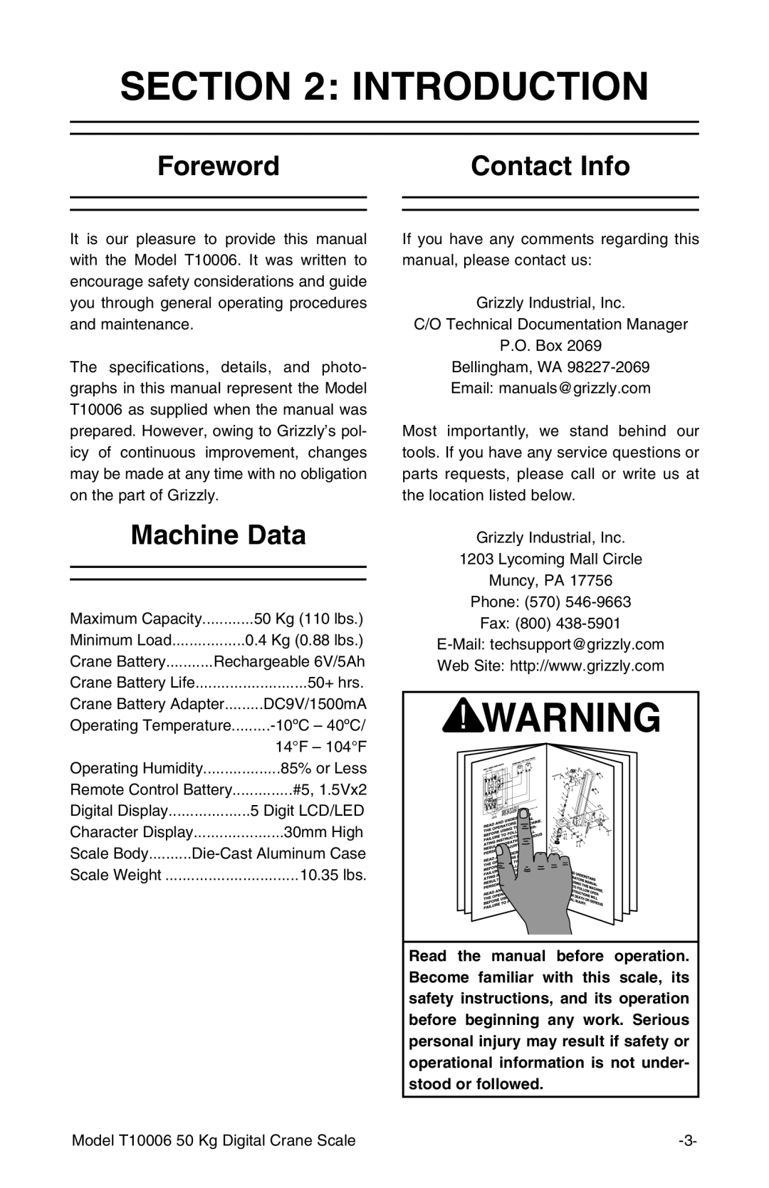 Grizzly T10006 owner manual Introduction, Foreword Contact Info, Machine Data 