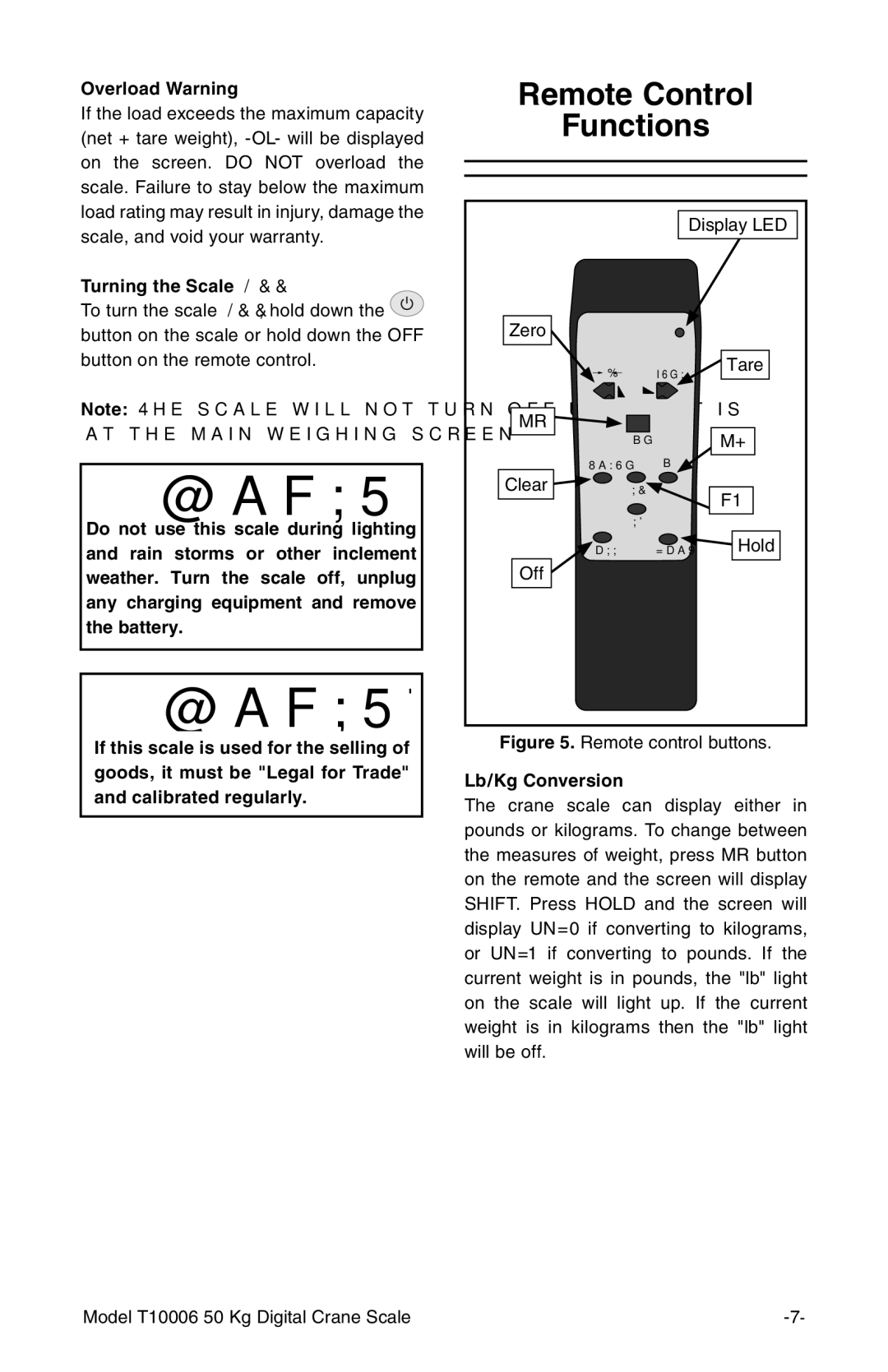 Grizzly T10006 owner manual Remote Control Functions, Overload Warning, Turning the Scale OFF, Lb/Kg Conversion 