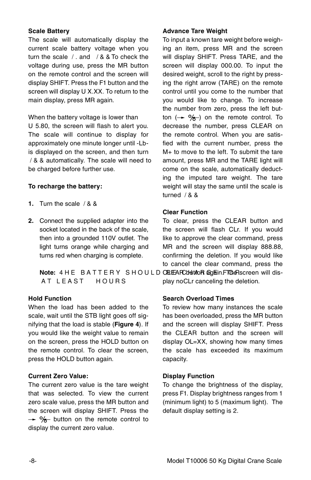 Grizzly T10006 owner manual Scale Battery, To recharge the battery, Hold Function, Current Zero Value, Advance Tare Weight 
