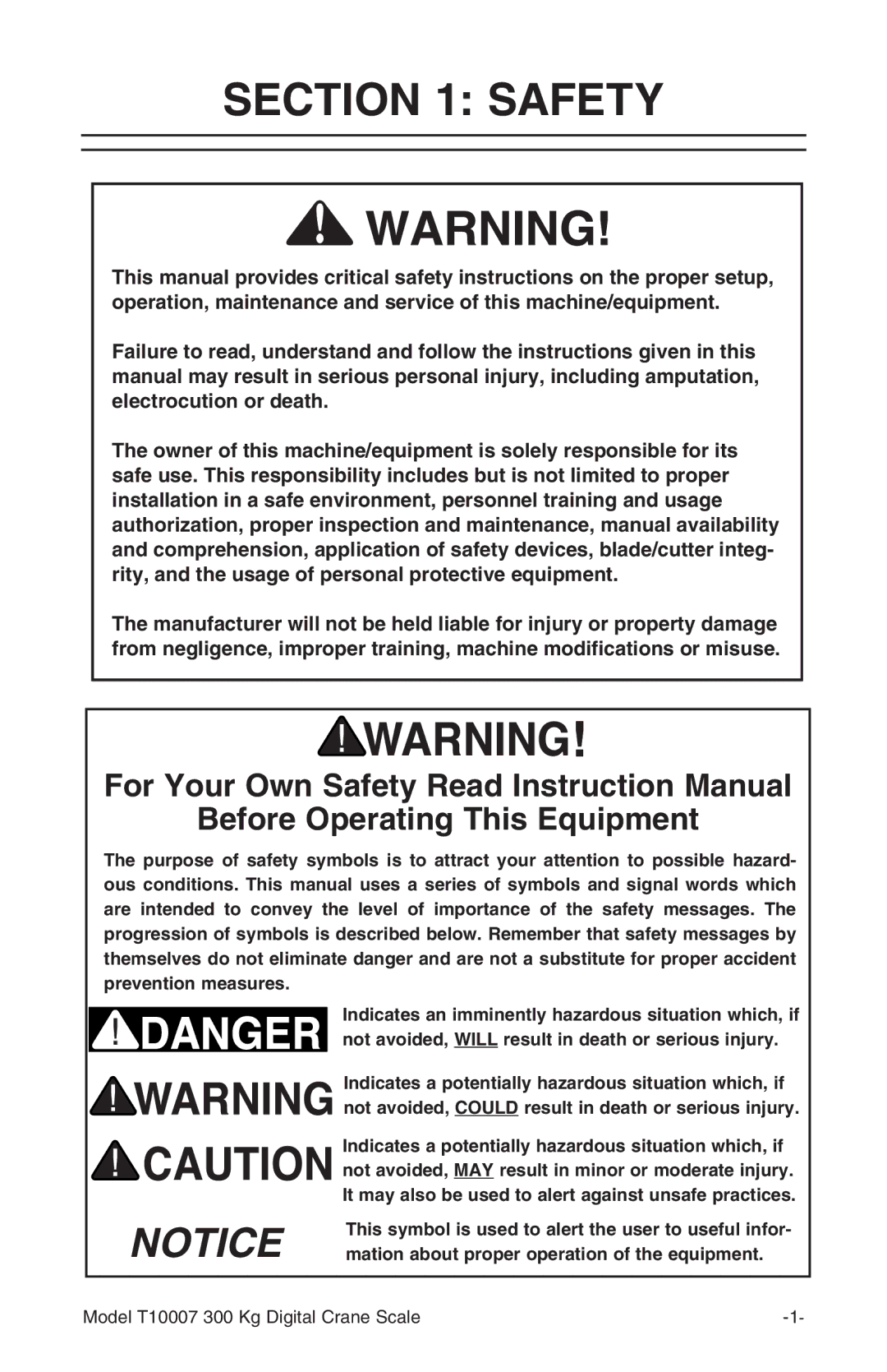 Grizzly T10007 owner manual Safety, Before Operating This Equipment, Mation about proper operation of the equipment 