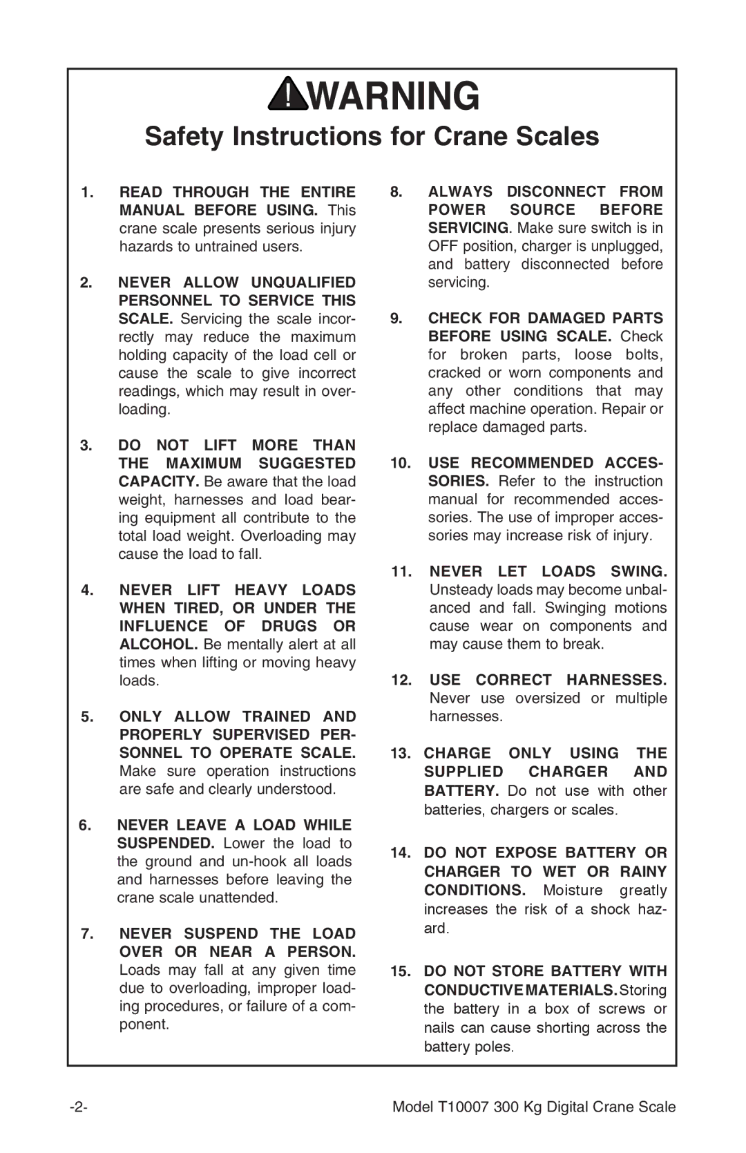 Grizzly T10007 owner manual Safety Instructions for Crane Scales 