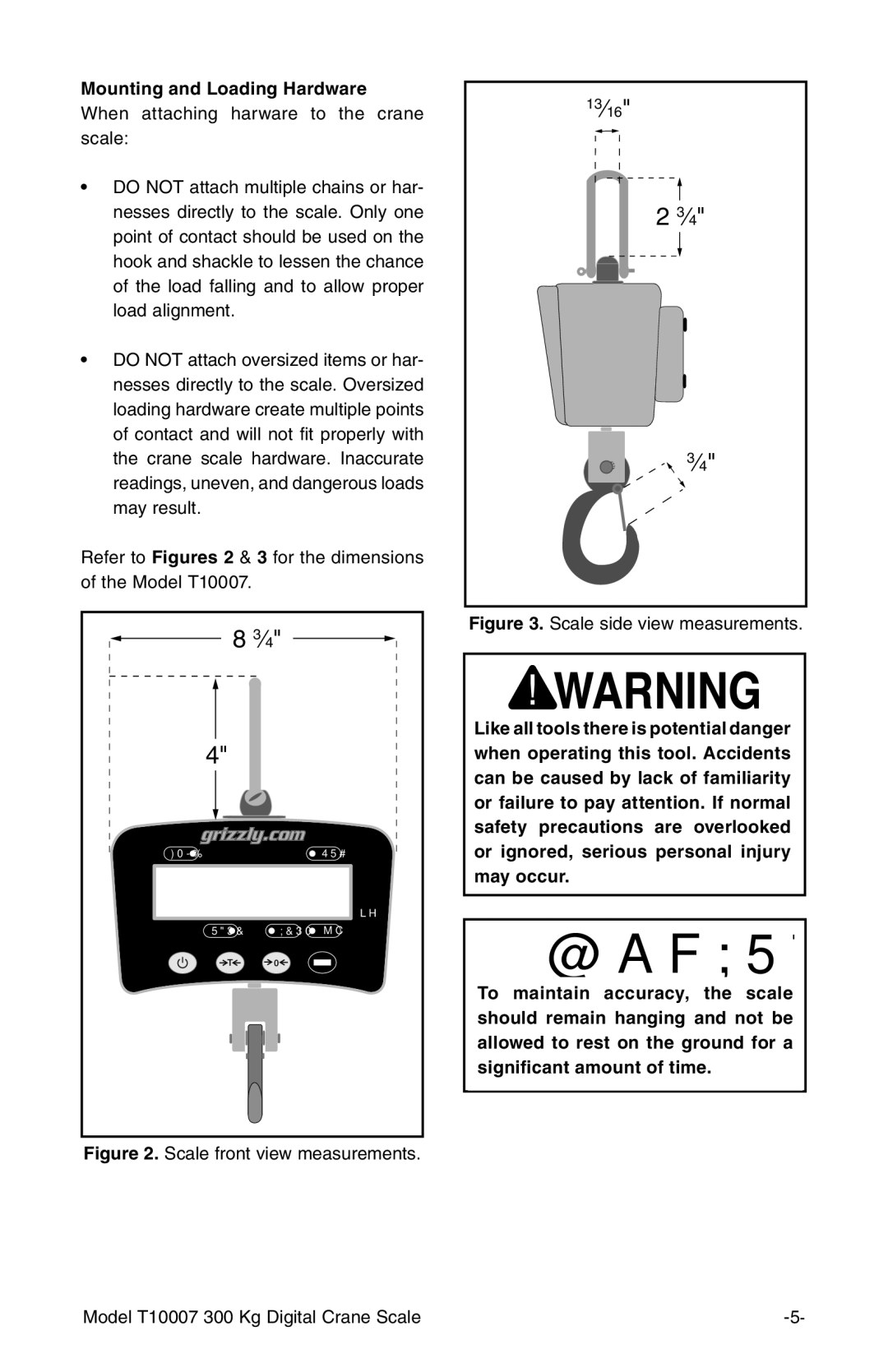 Grizzly T10007 owner manual Mounting and Loading Hardware, Scale front view measurements 