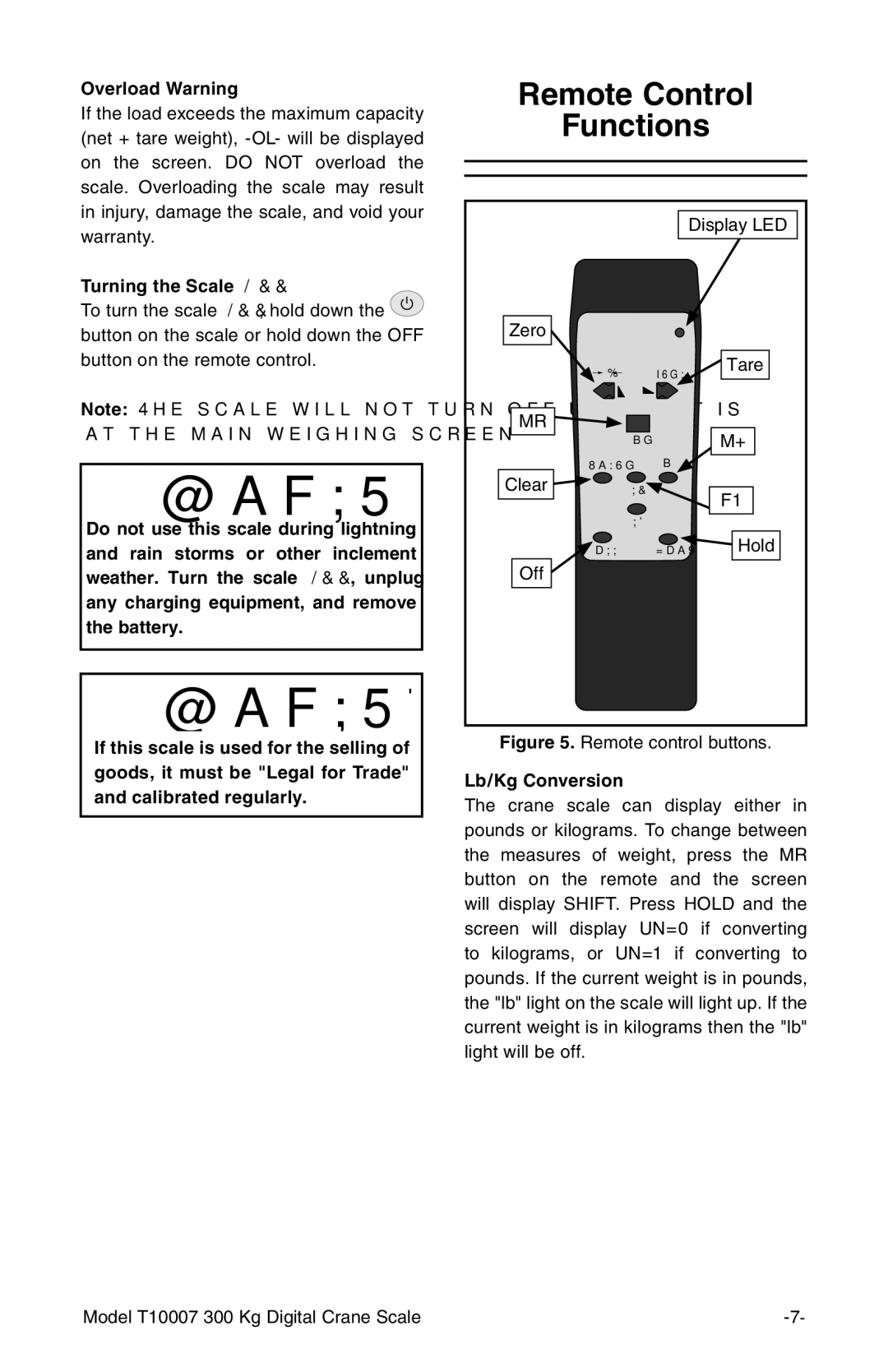 Grizzly T10007 owner manual Remote Control Functions, Overload Warning, Turning the Scale OFF, Lb/Kg Conversion 