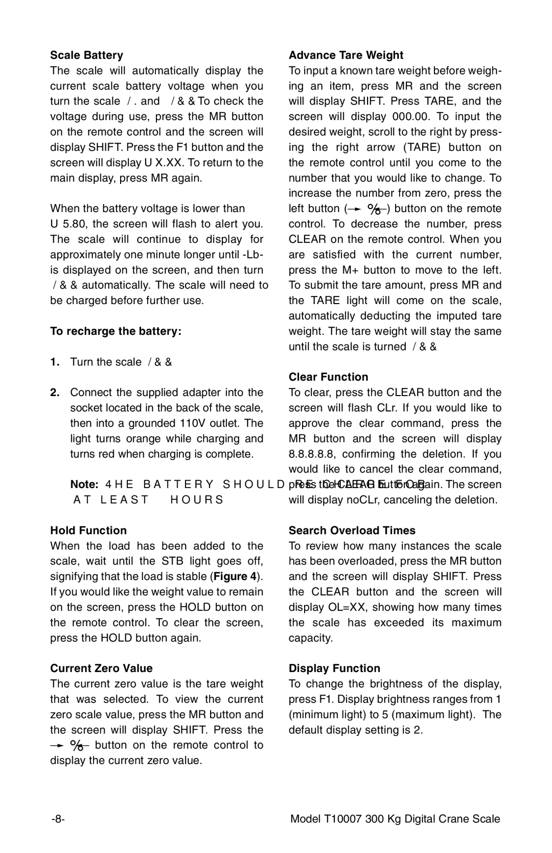 Grizzly T10007 owner manual Scale Battery, To recharge the battery, Hold Function, Current Zero Value, Advance Tare Weight 