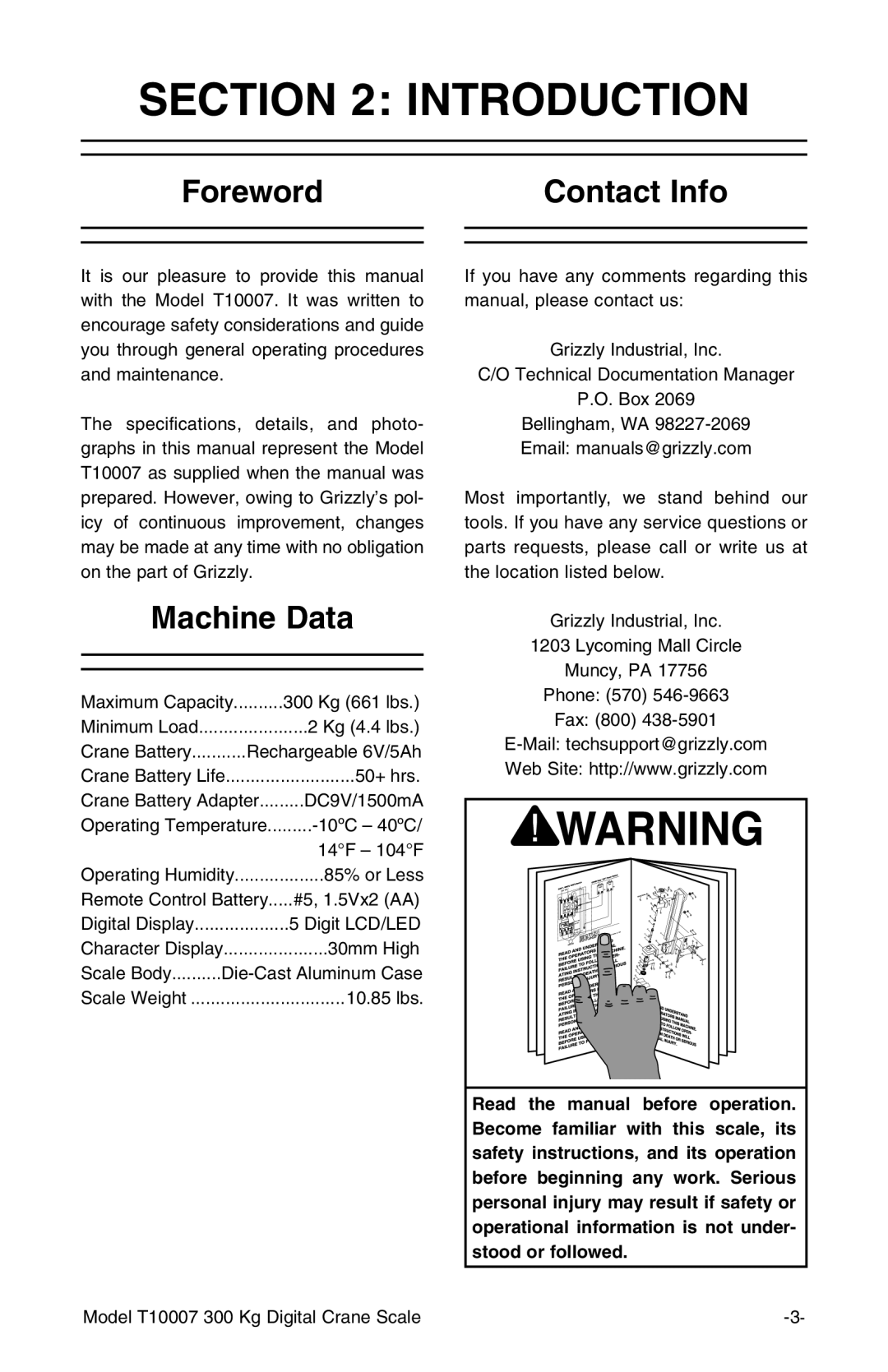 Grizzly T10007 owner manual Introduction, Foreword, Contact Info, Machine Data 