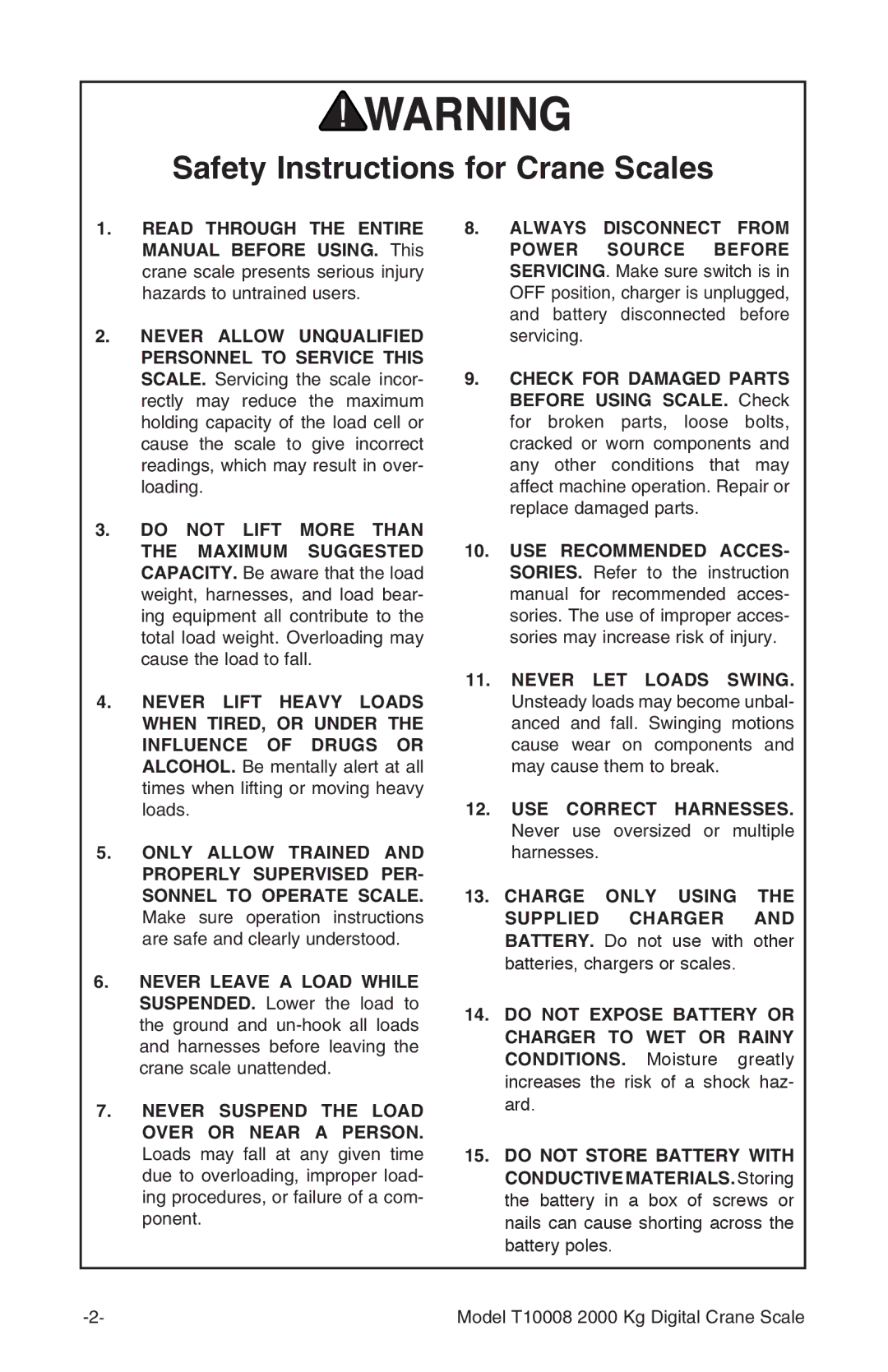 Grizzly T10008 owner manual Safety Instructions for Crane Scales 