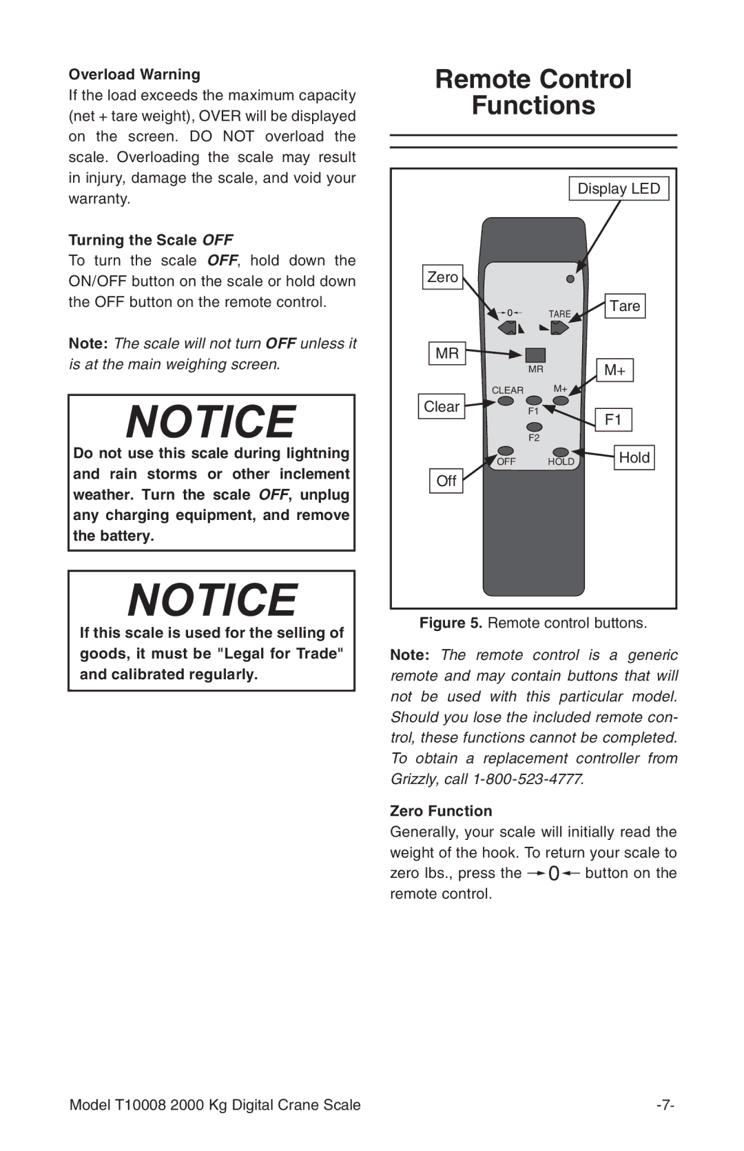 Grizzly T10008 owner manual Remote Control Functions, Overload Warning, Turning the Scale OFF, Zero Function 