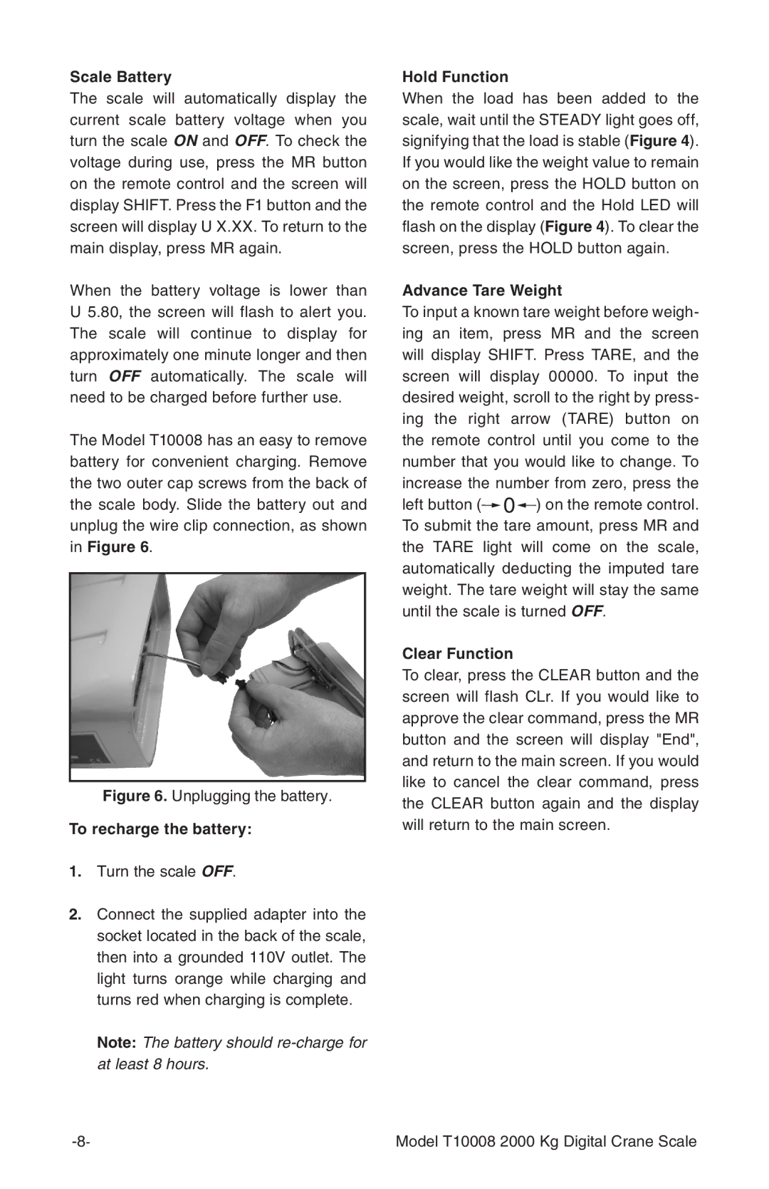 Grizzly T10008 owner manual Scale Battery, To recharge the battery, Hold Function, Advance Tare Weight, Clear Function 