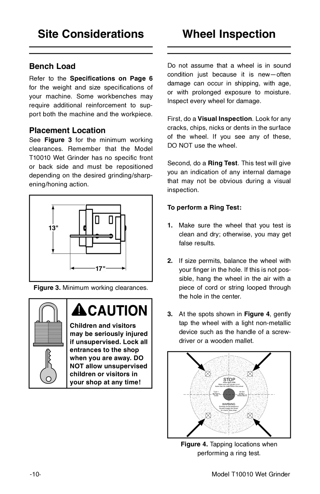 Grizzly T10010 manual Site Considerations Wheel Inspection, To perform a Ring Test 