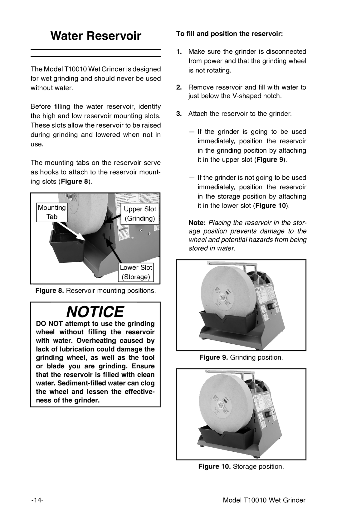 Grizzly T10010 manual Water Reservoir, To fill and position the reservoir 