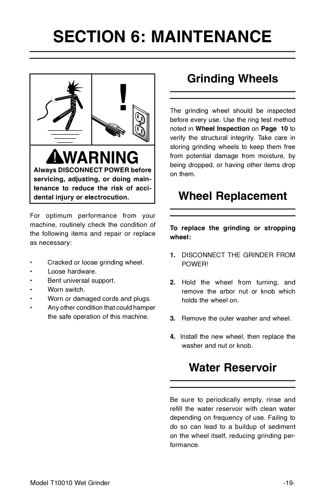 Grizzly T10010 manual Maintenance, Grinding Wheels, Wheel Replacement, To replace the grinding or stropping wheel 