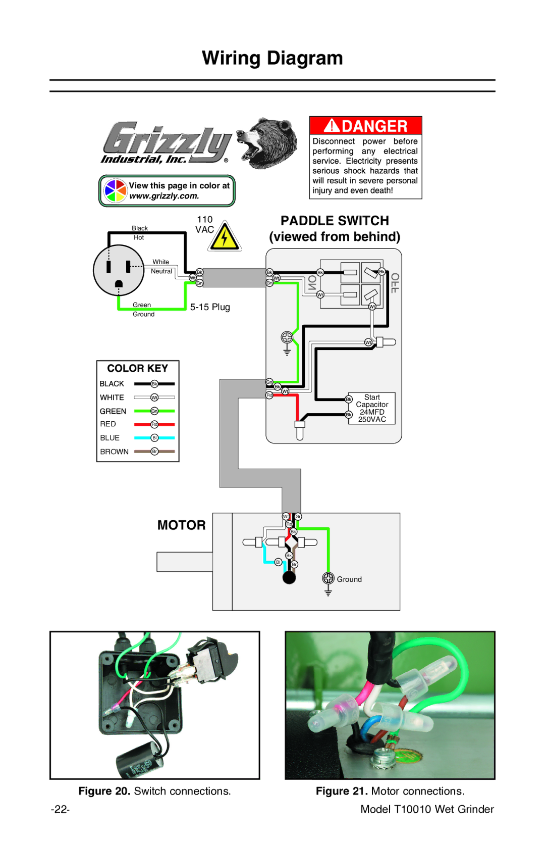 Grizzly T10010 manual Wiring Diagram, Switch connections 