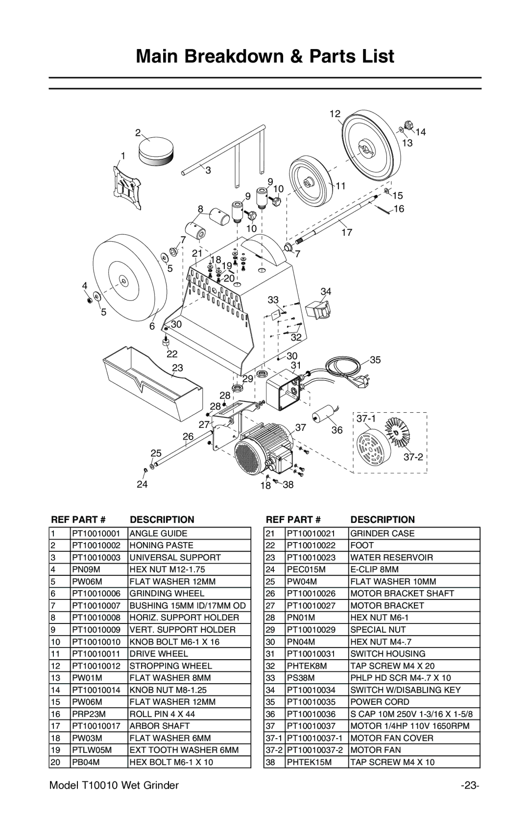 Grizzly T10010 manual Main Breakdown & Parts List, Description 