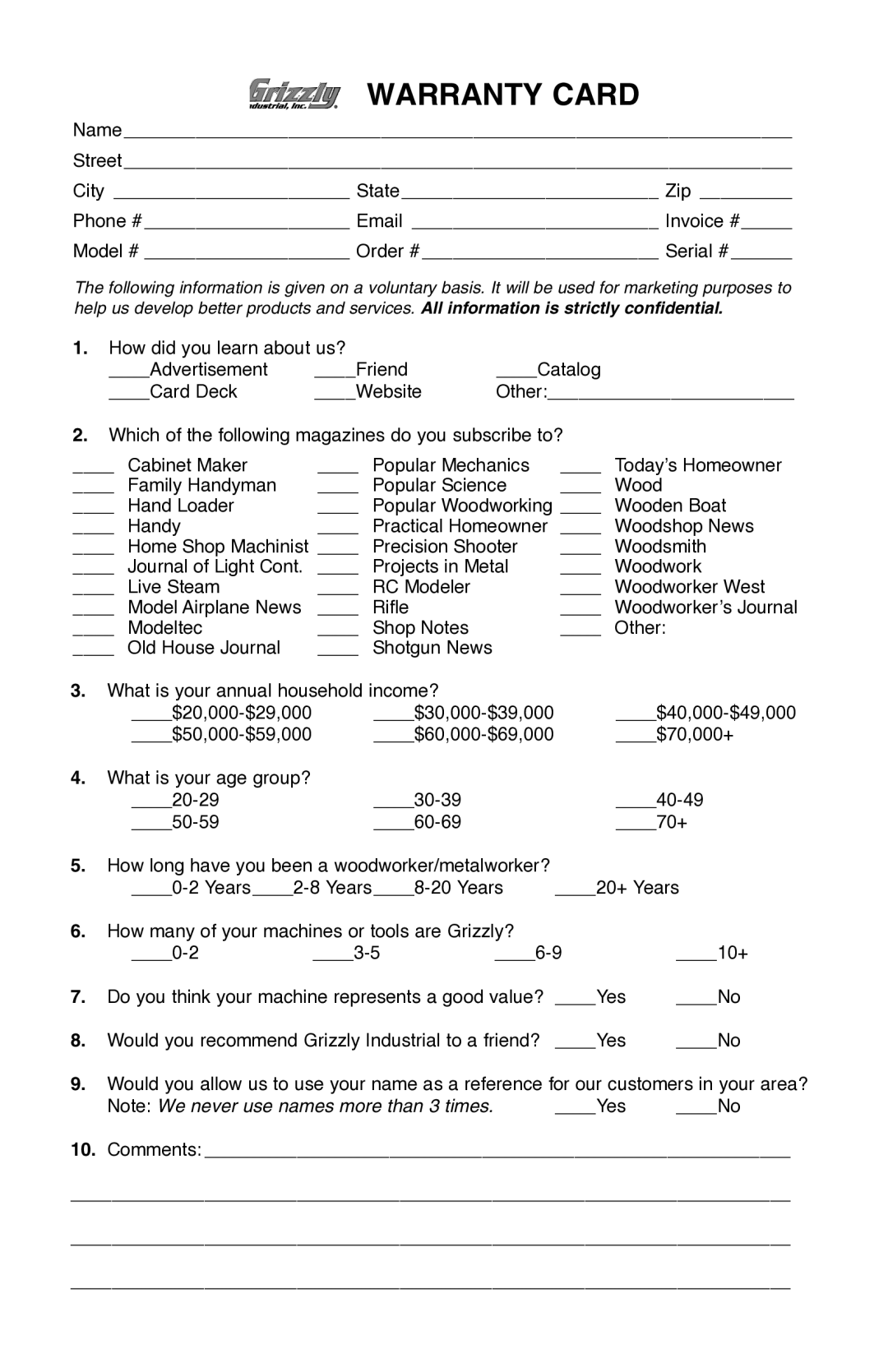 Grizzly T10010 manual Warranty Card 